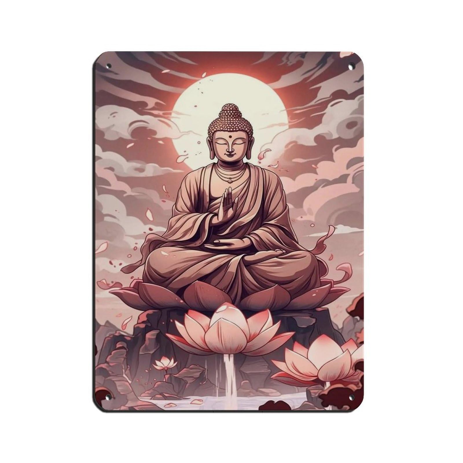 Enlightened Buddha with Lotus Flowers And Rising Sun Tin Sign Vintage Metal Pub Club Cafe Bar Home Wall Art Decoration Poster Retro 12x16inch(30x40cm)