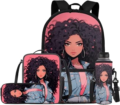 4 Pcs African American Girls Travel Backpacks Set, 2 Layer Lightweight School Backpack Bookbags Rucksack Lunch Box Pen Case Aesthetic Cosmetic Makeup Bag for Women Adults LadiesPink