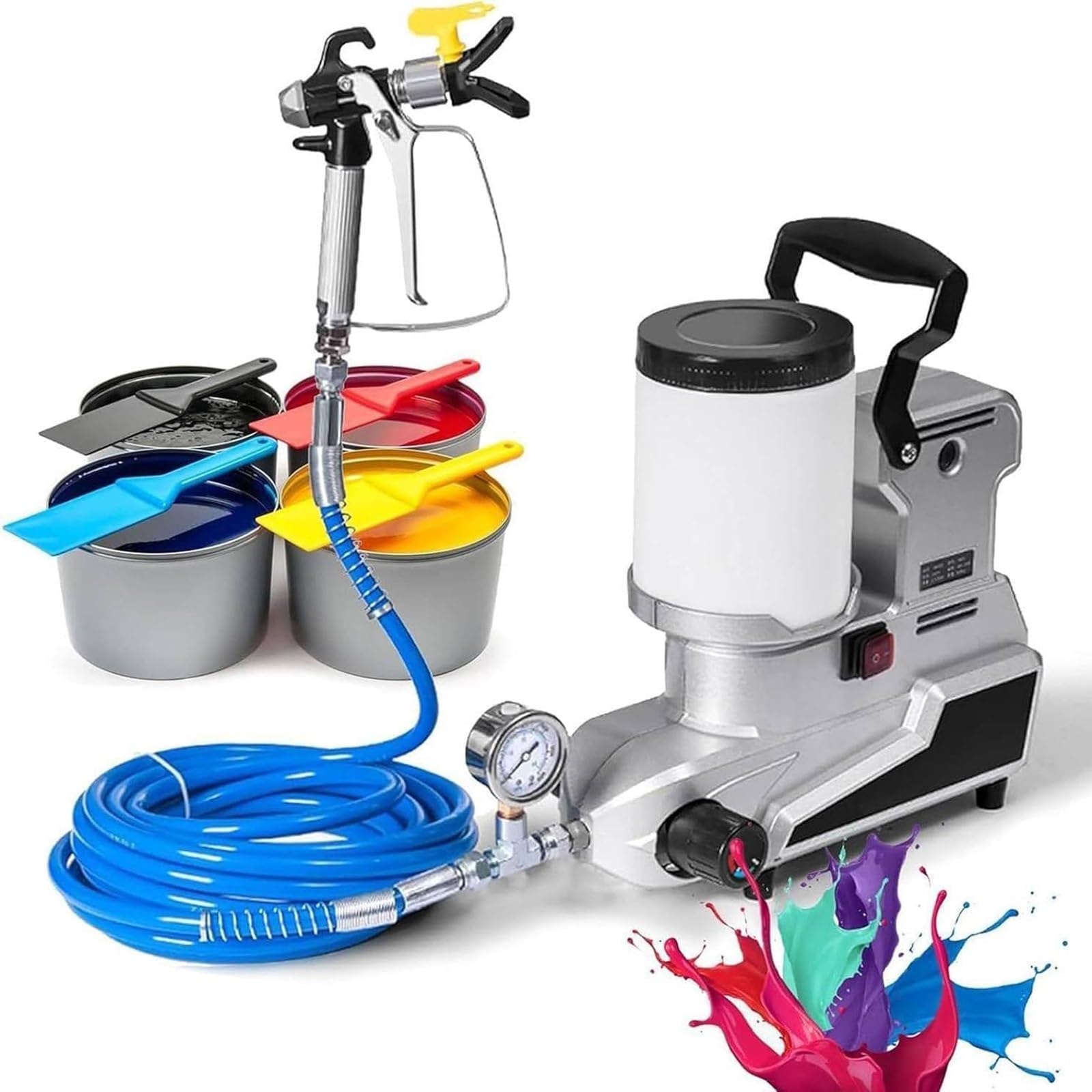Pistola Airless Professionale 1600W, Verniciatore A Spruzzo, Portata 2500 Ml/min, con Tubo da 5 M, Macchina per Spruzzatura di Vernice Tre velocità Regolabili