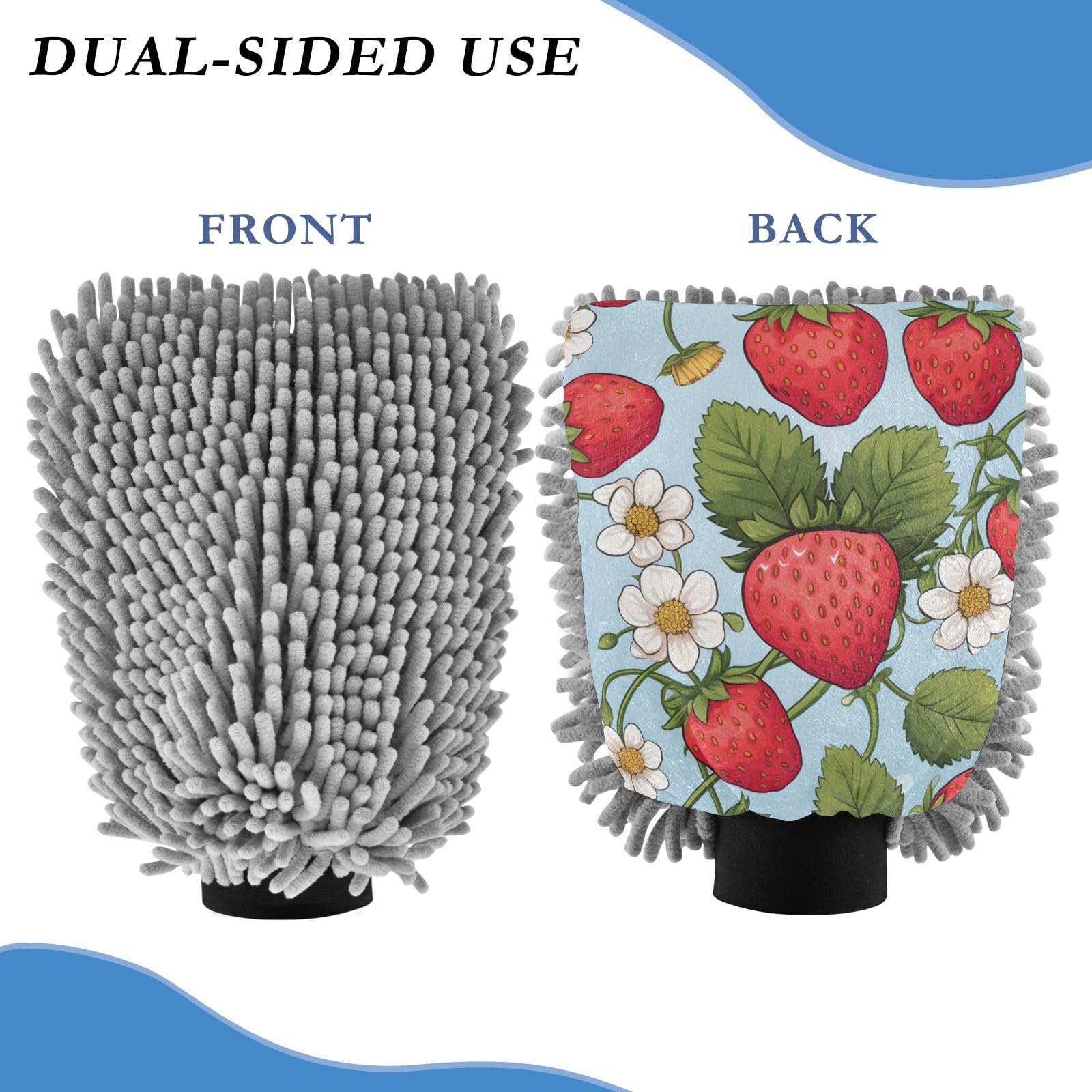 IOACIY Absorbent Microfiber Car Wash Drying Mitts, 2 Pack, Scratch-Free & Lint-Free, Rich Foam, Highly Absorbent, Double Sided, Wash Mitt Perfect for Car Washing, L, Cute Strawberry (8)
