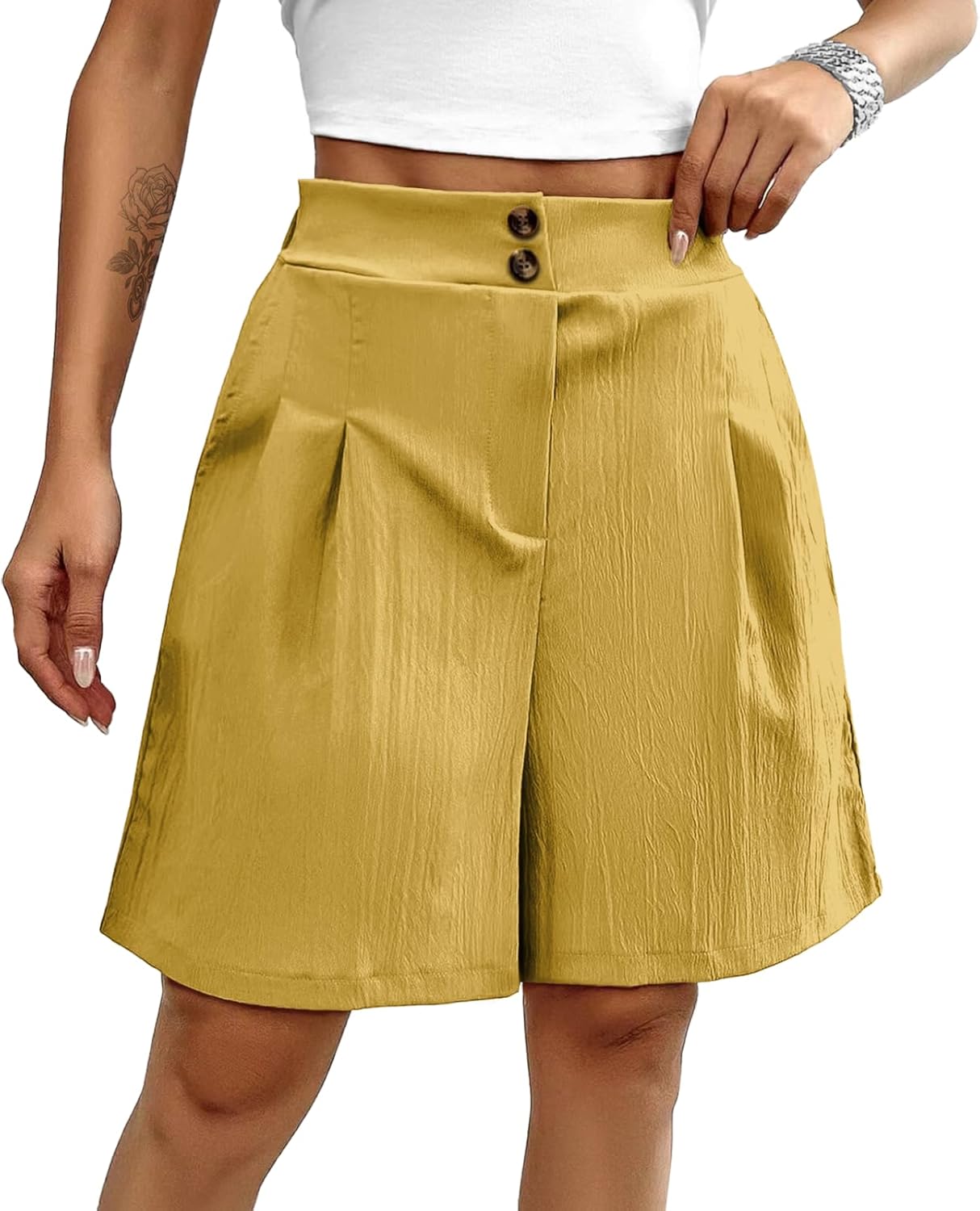 MARSVOVO Fashion Casual Shorts for Women Button Pleated Comfy High Waisted Shorts Summer Pants with Pockets