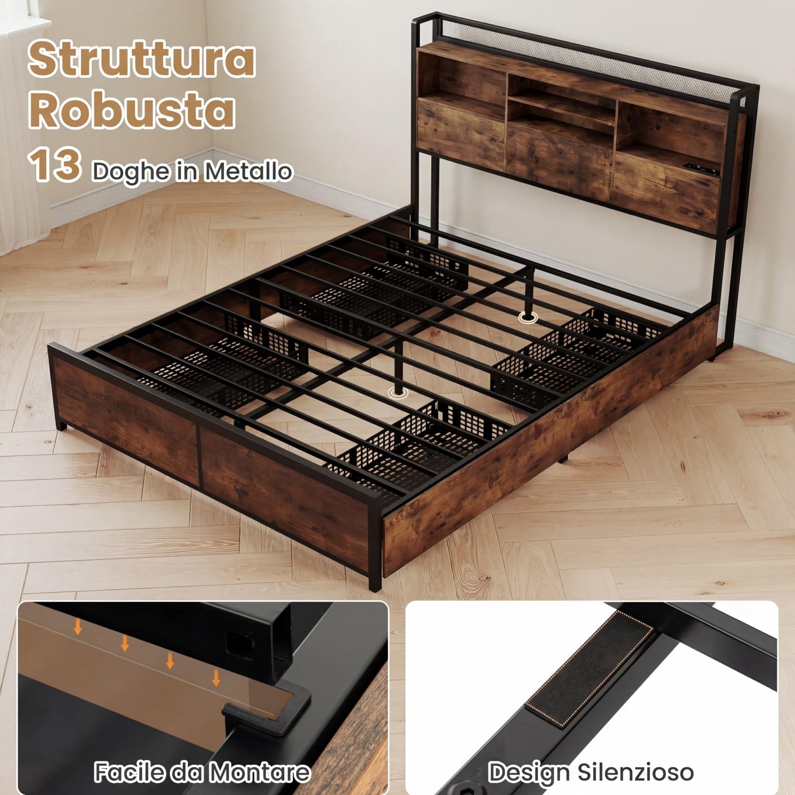 COSTWAY Struttura Letto con Testiera, Letto con 4 Cassetti e Doghe Robuste in Metallo, Letto a Piattaforma con Prese, Silenzioso, Carico Massimo 300kg (160 x 200 cm)