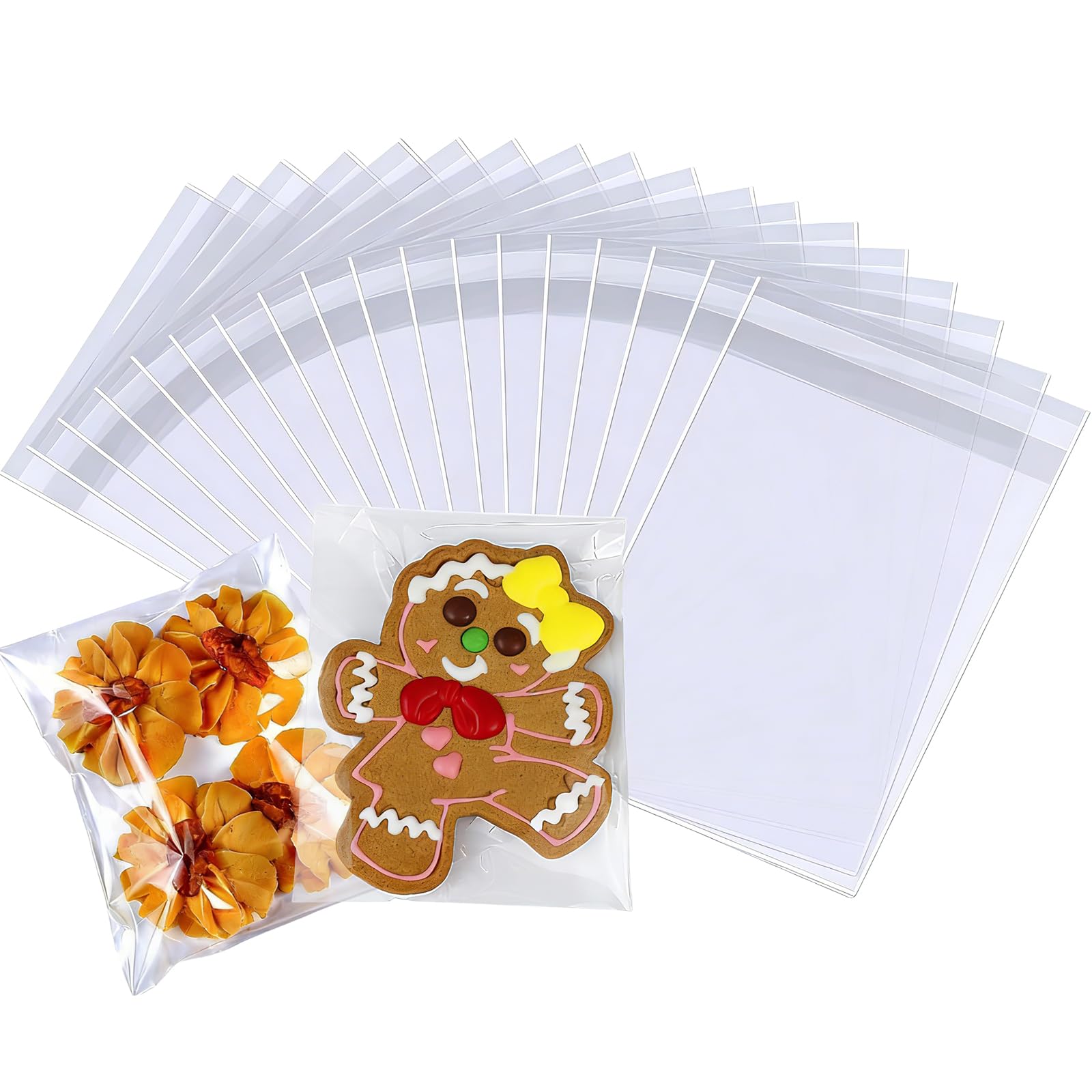 Self Seal Cellophane Bags 200 Pack, 5x7 Inches Clear Self Adhesive Cookie Bags - Food Safe, Resealable for Packaging Cookies, Sweets, Favours, Party Gifts (13x17cm)