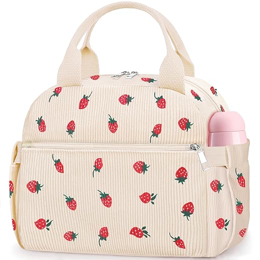 KUBYA Lunch Box for Women, Cute Strawberry Corduroy Insulated Lunch Bag Women Reusable Work Leakproof Simple Adults Large Lunch Boxes Tote Bag Men Cooler Bag