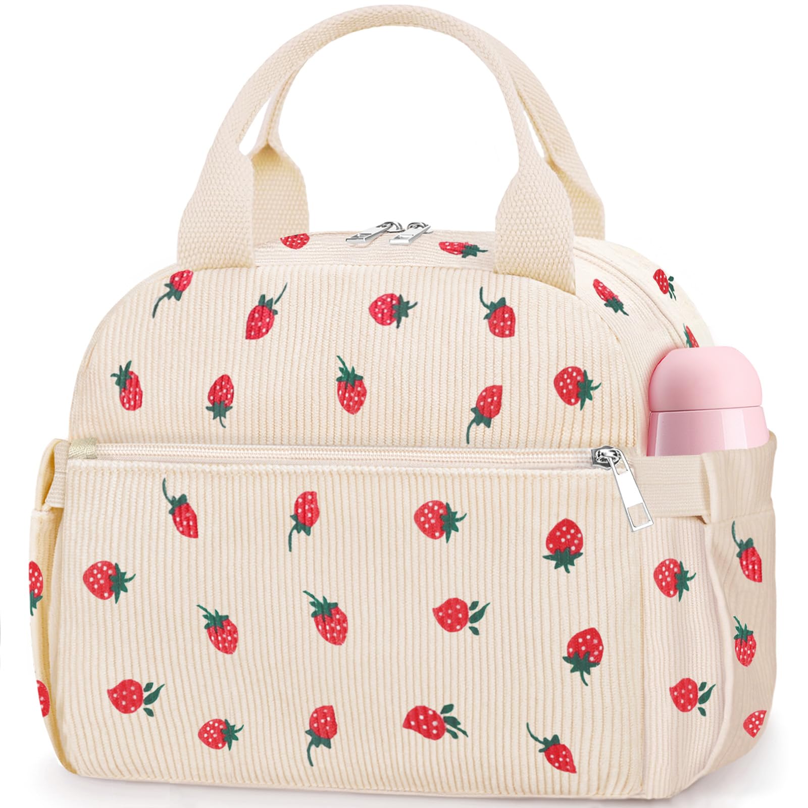 Lunch Box for Women Cute Strawberry Corduroy Insulated Lunch Bag Women Reusable Work Leakproof Simple Adults Large Lunch