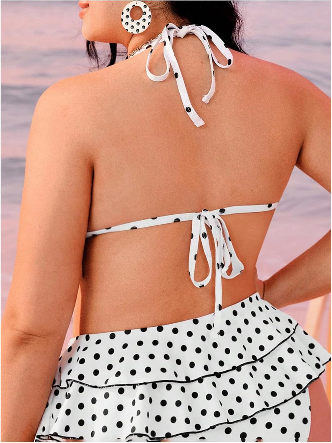 Floerns Women's Plus Size Polka Dots Halter Bikini Top Tie Backless Swim Tops Beachwear