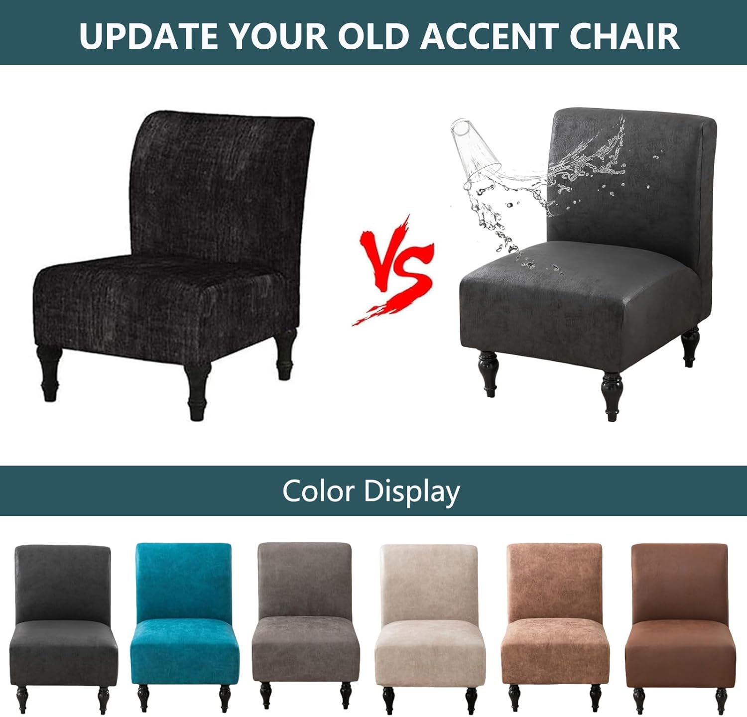 Imitation Leather Armless Chair Cover, Waterproof and Oil-Proof Fabric, Suitable for Living Room, Bedroom and Dining Room(Black,2pcs)