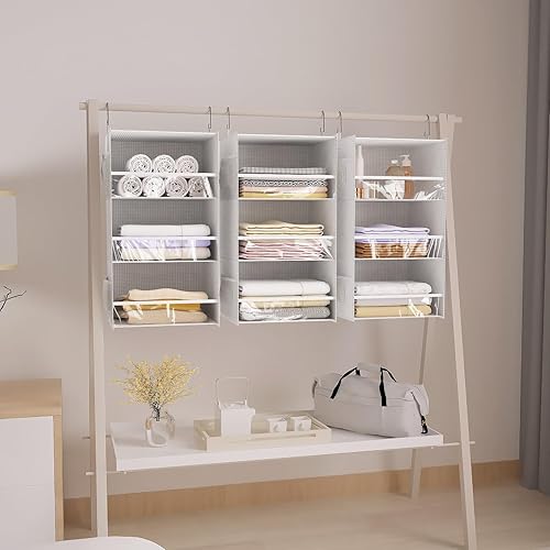 Miniatura 8 de Organizador de armario colgante con 3 estantes, diseño de borde frontal, estantes de almacenamiento más anchos y plegables con 4 bolsillos