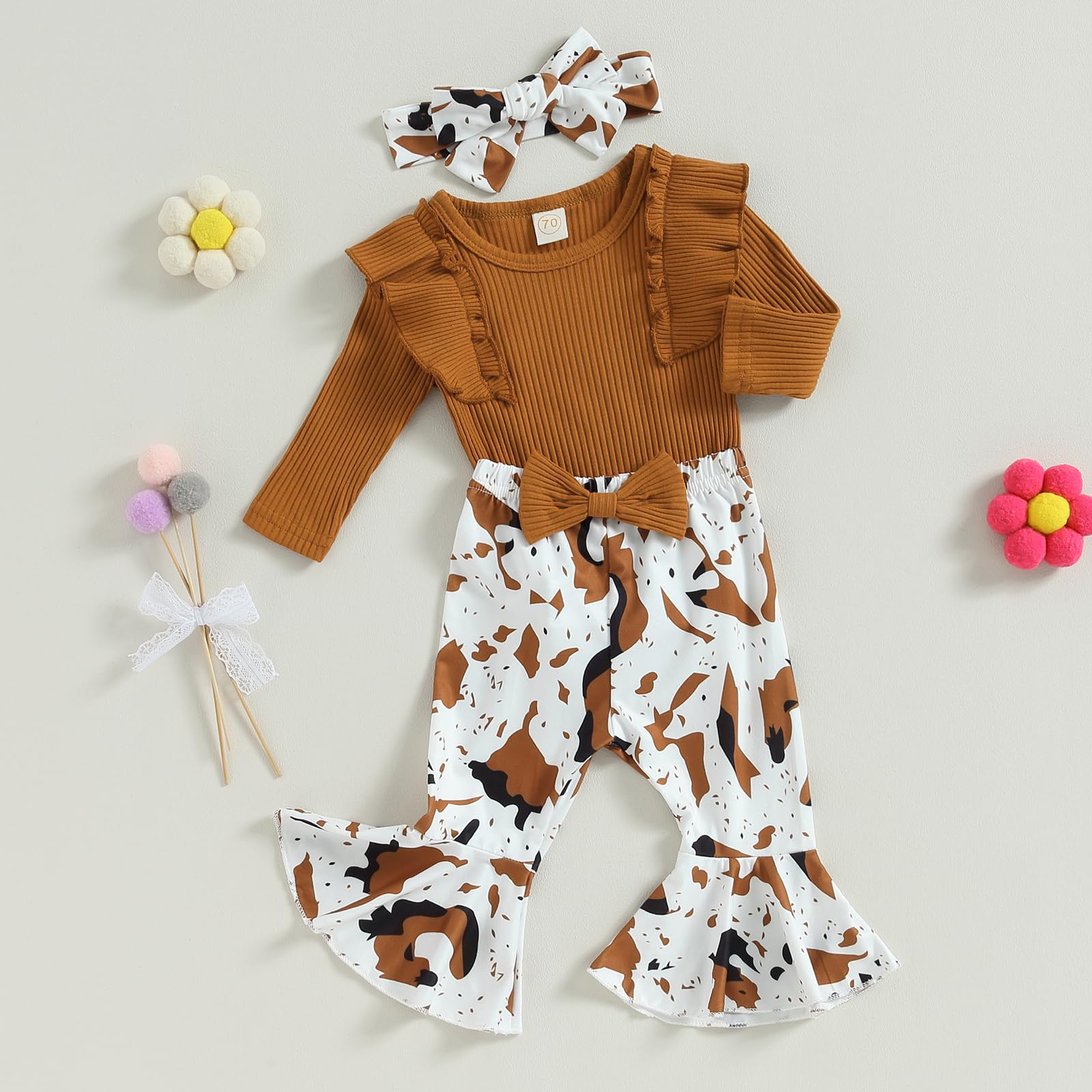 Newborn Baby Girl Clothes Fall Winter Outfit Bell Bottoms Set Ribbed Ruffles Long Sleeve Romper + Print Flare Pants + Headband (Caramel, 12-18 Months)