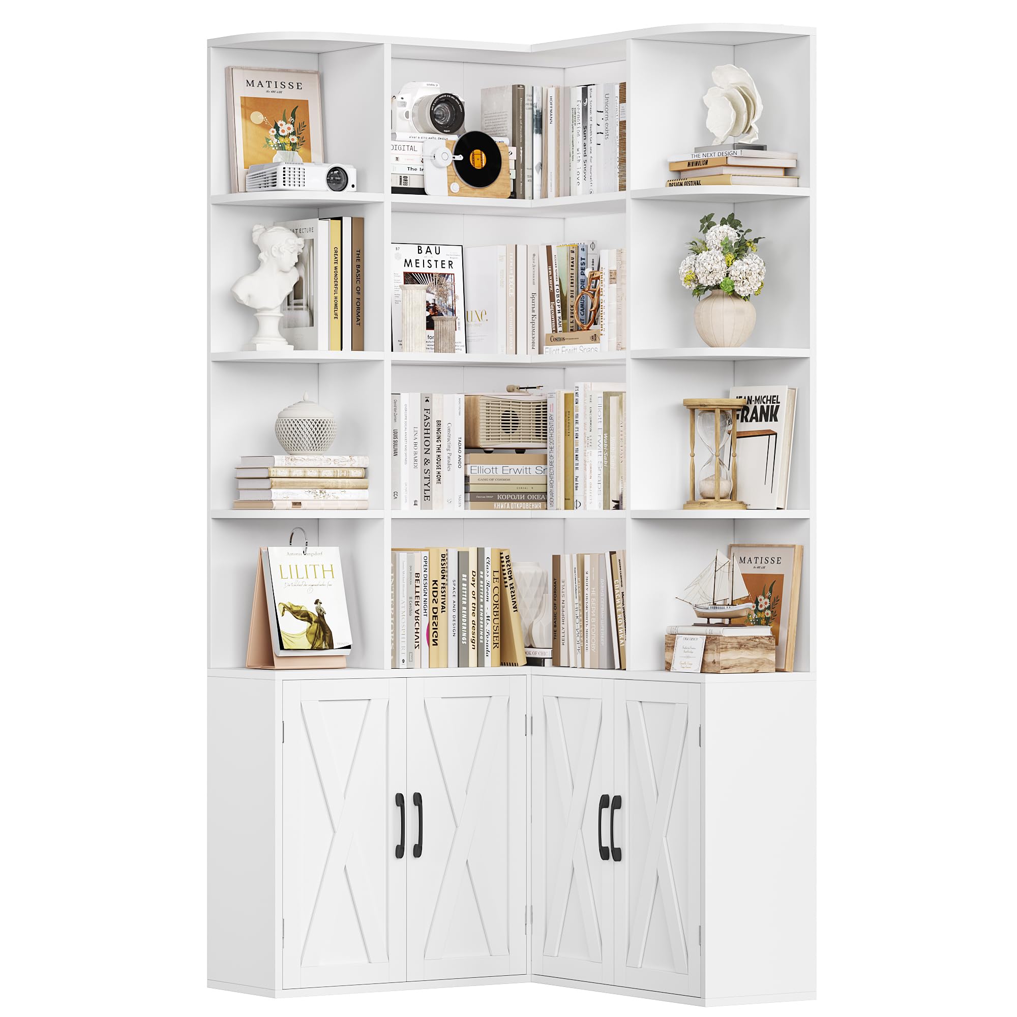 FirFurd Bookcase 6-Tier Corner Bookshelf L Shaped Bookcase Free Standing with 12 Open Compartments & 4 Doors Tall Display Cabinet for Living Room Home Office 187x80x80cm White