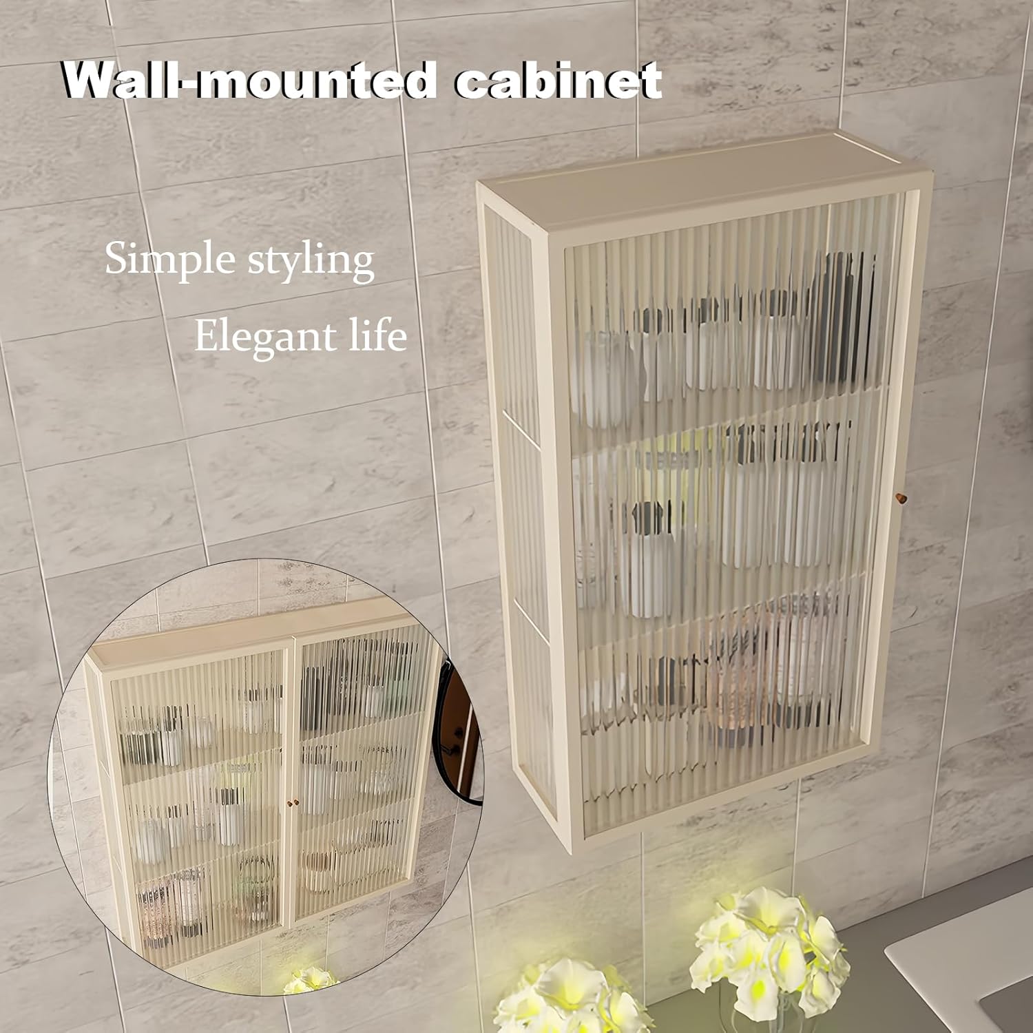 Bathroom Wall Cabinet 14 Inch Over The Toilet Metal Storage Cabinet with Glass Door, Wall Mounted Medicine Cabinet for Bathroom Laundry Room Bedroom (Beige, 23.6x13.8x6IN)