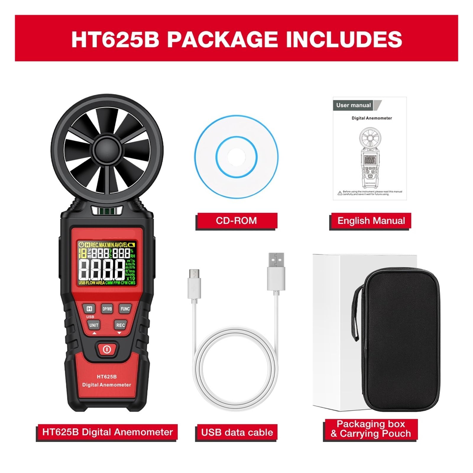 HT625 Digital-Anemometer Tragbares handgehaltenes Windgeschwindigkeitsmessgerät Windmesser LCD-Hintergrundbeleuchtungsanzeige Temperatur-Feuchtigkeitsmessgerät(HT625B)