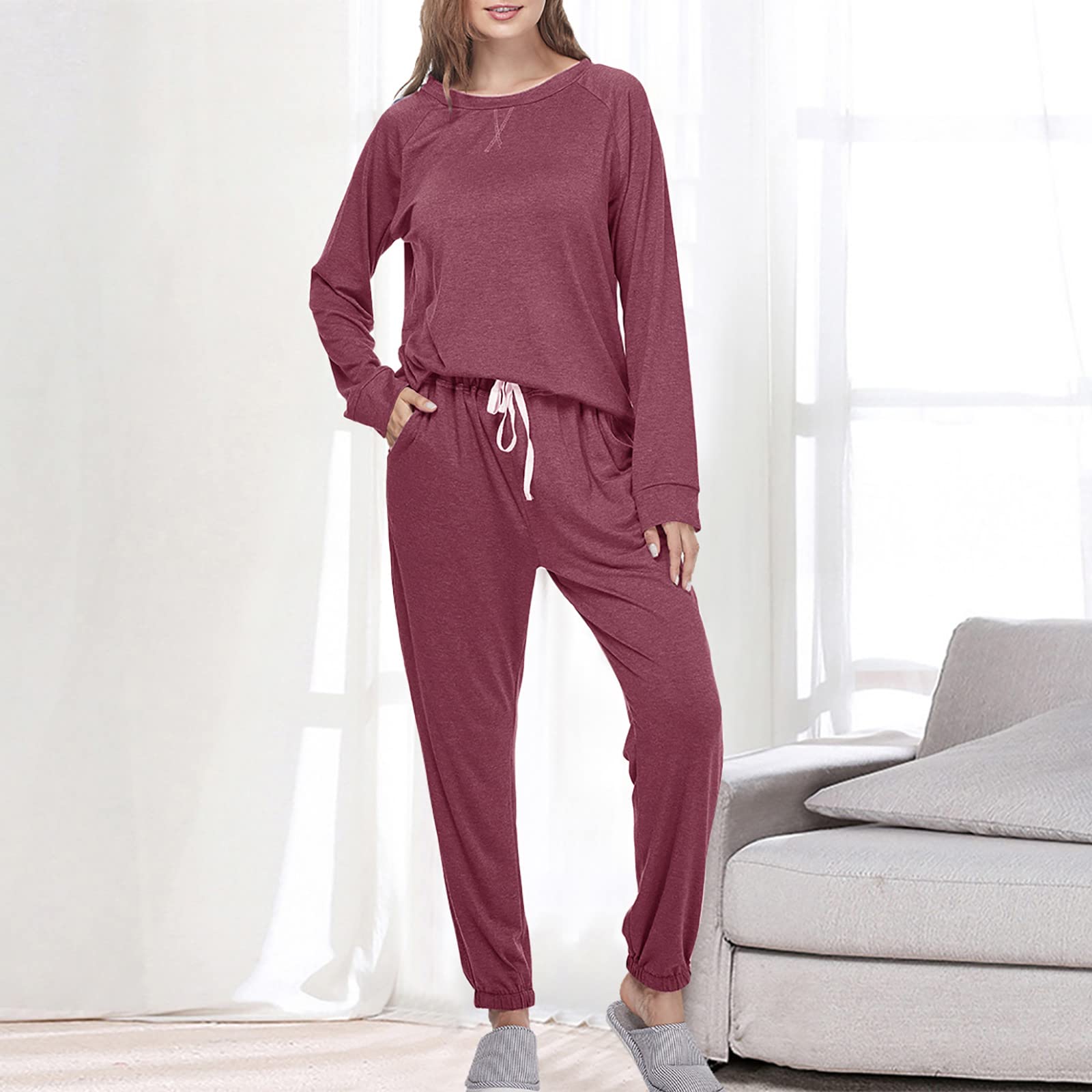 Cysincos Womens Sweatsuits 2 Piece Outfit Sweatpants Loungewear Jogger Pajama Set Long Sleeve Pullover Drawstring Pants