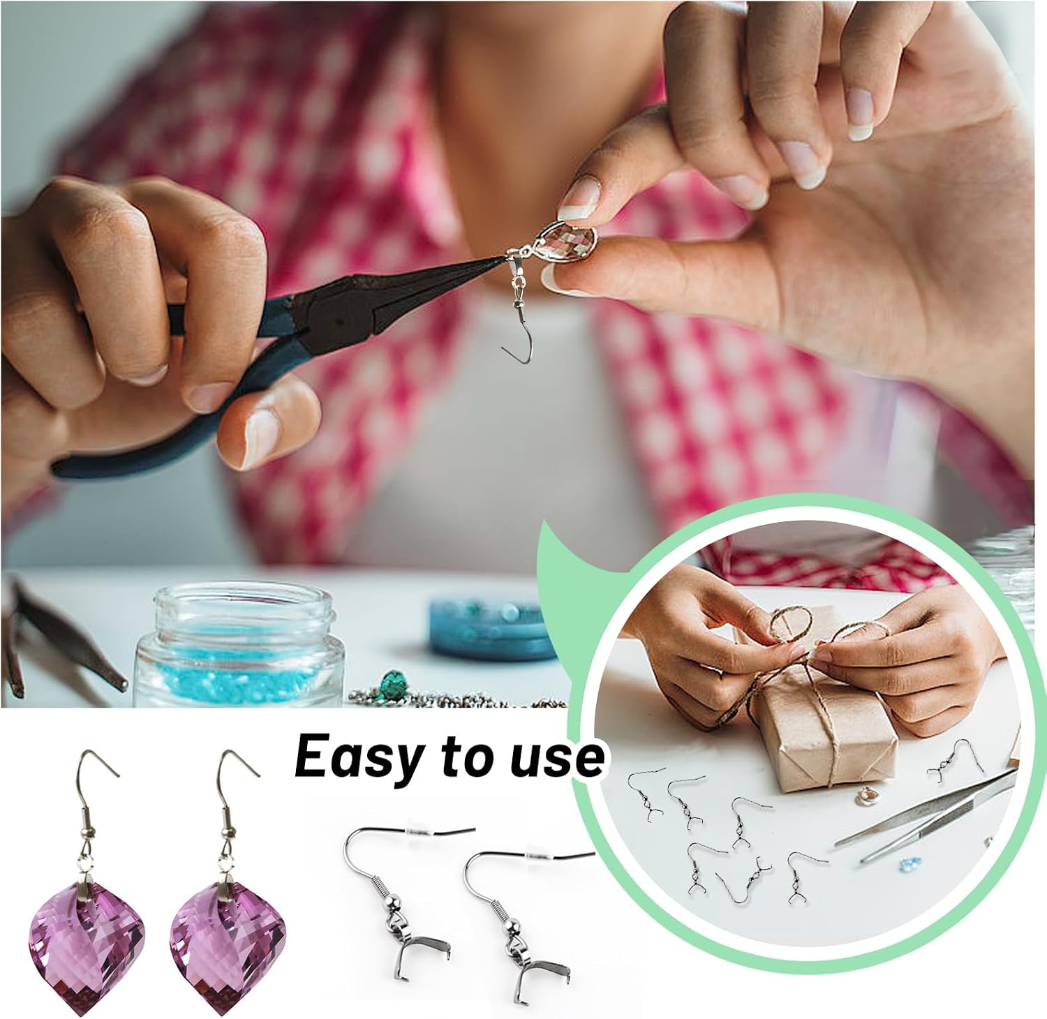 TOAOB 100pcs Stainless Steel Hypoallergenic Silver Earring Hooks with Pendant Clasps Fish Hook Ear Wires and Clear Silicone Ear Backs for DIY Jewelry Making