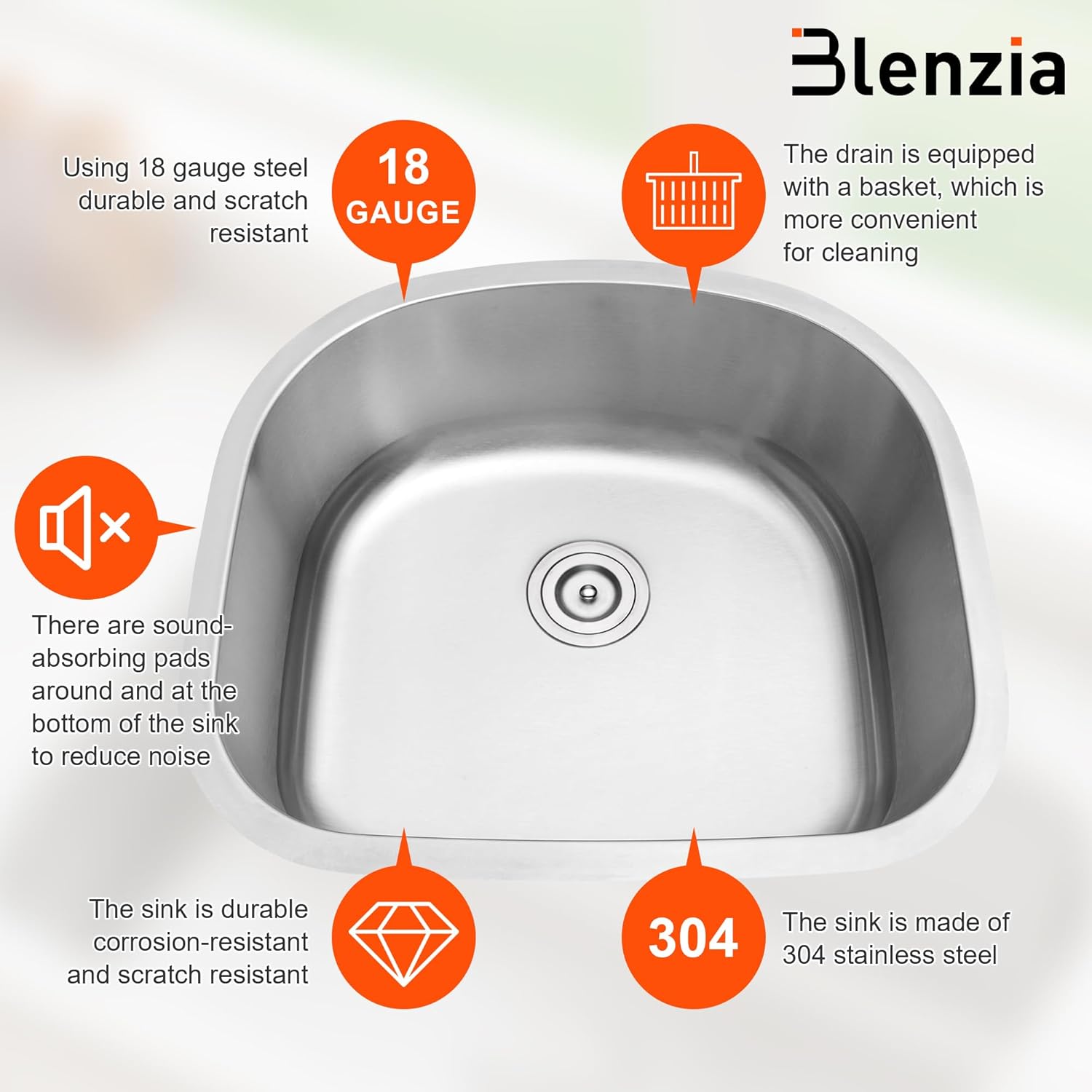 23 Inch Undermount Kitchen Sink 18 Gauge Stainless Steel D Shape Single Bowl Curved Sink with Strainer 23" x 21" x 9"