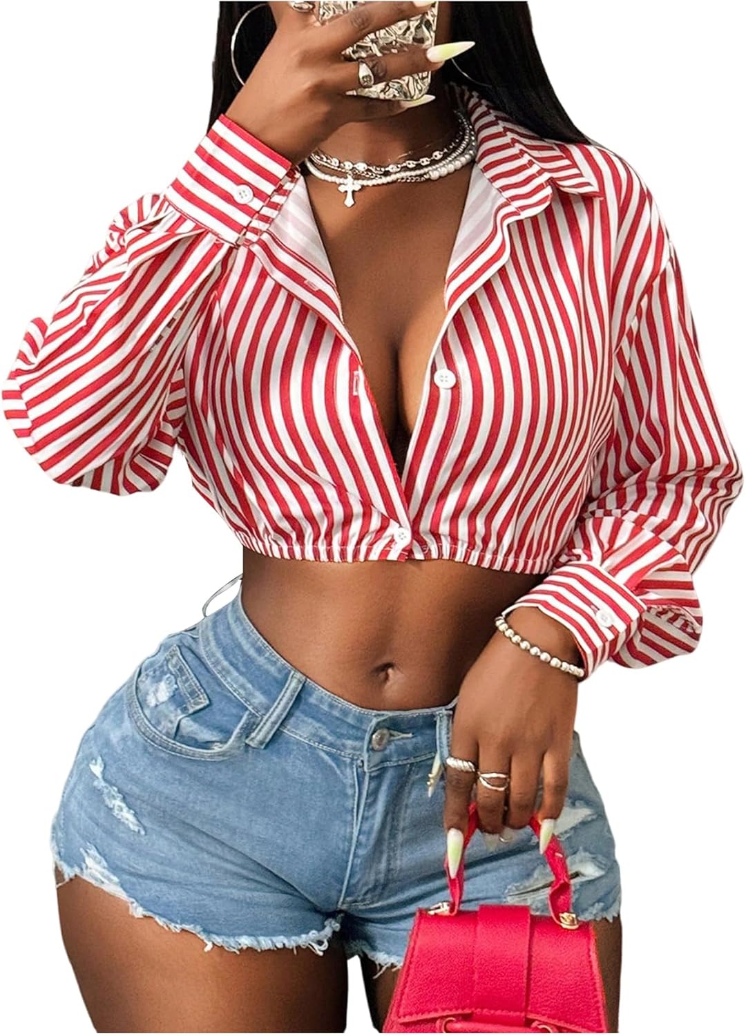 SOLY HUX Women's Striped Shirts Button Down Collared Long Sleeve Blouse Going Out Crop Tops