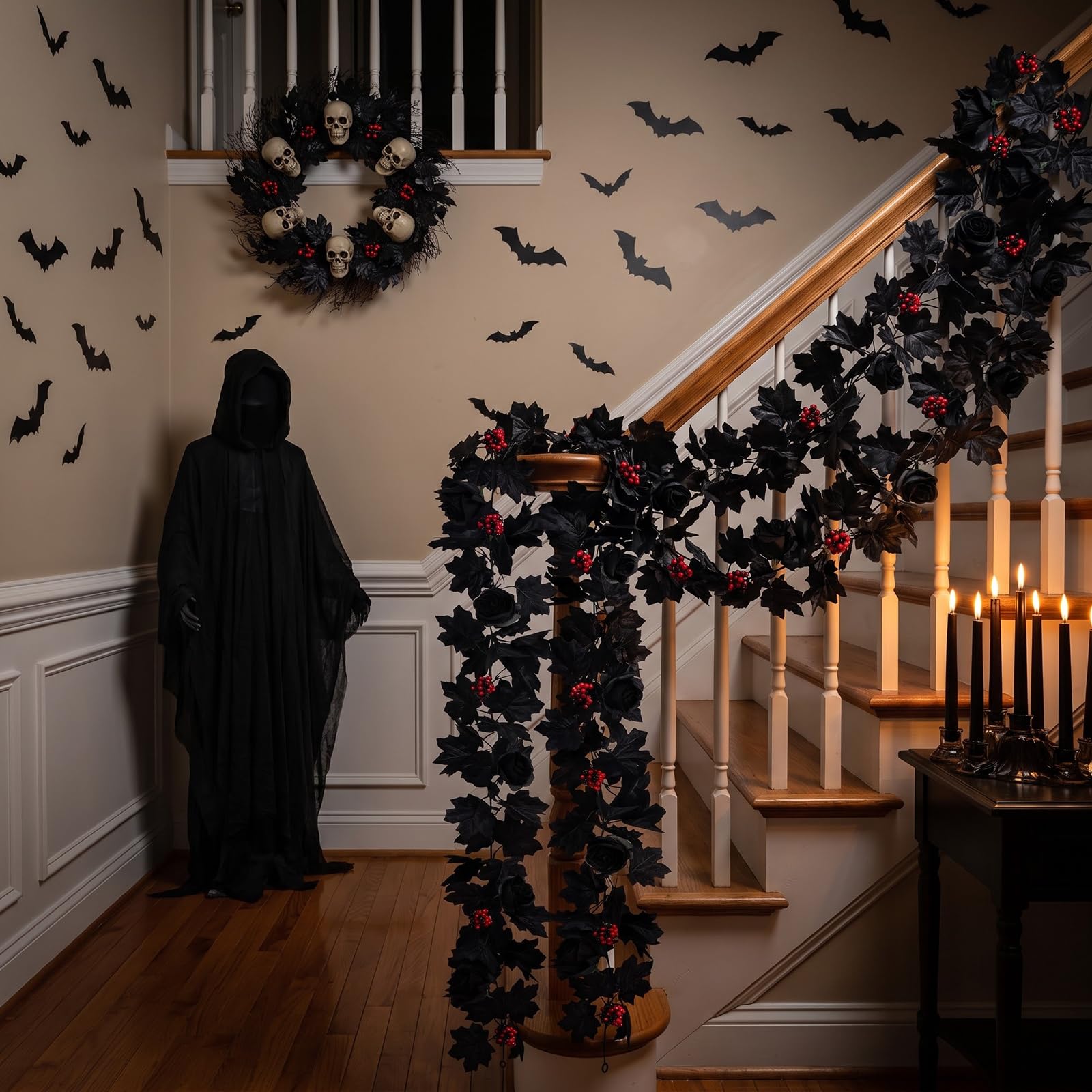 4 Pezzi 1,7 m Ghirlanda Halloween Nera con Foglie Autunnali e Rose