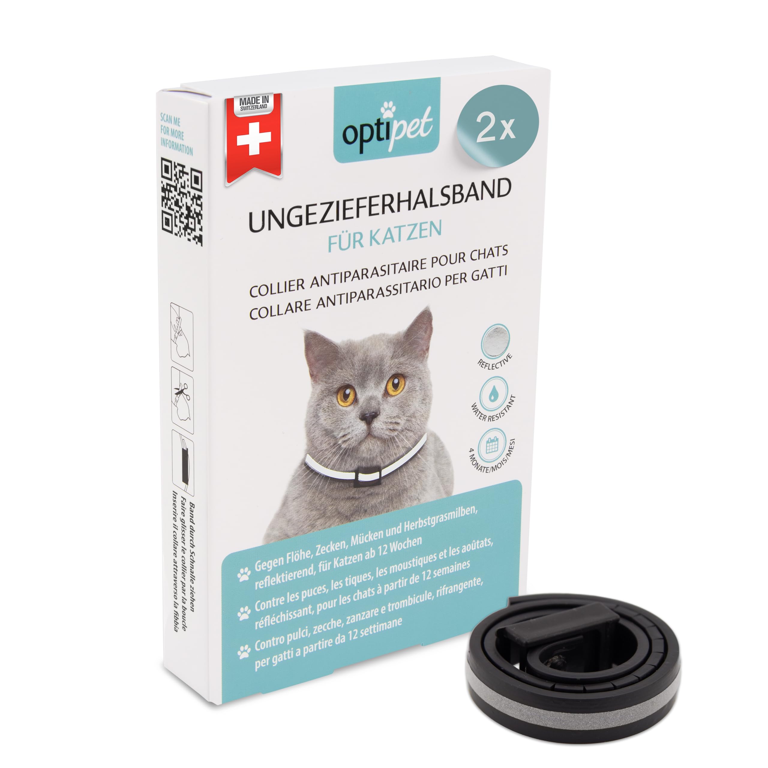 OptiPet x2 Ungezieferhalsband für Katzen | 4 Monate Schutz beiFlöhe Zecken Mücken Milben - reflektierend, für Katzen ab 12 Wochen | Flohhalsband Katzen/Zeckenhalsband für Zeckenschutz Katze