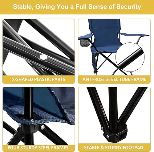 Miniatura 5 de Silla de camping plegable con portavasos y bolsa de almacenamiento, capacidad de 225 libras, pies grandes antideslizantes, tela transpirable con