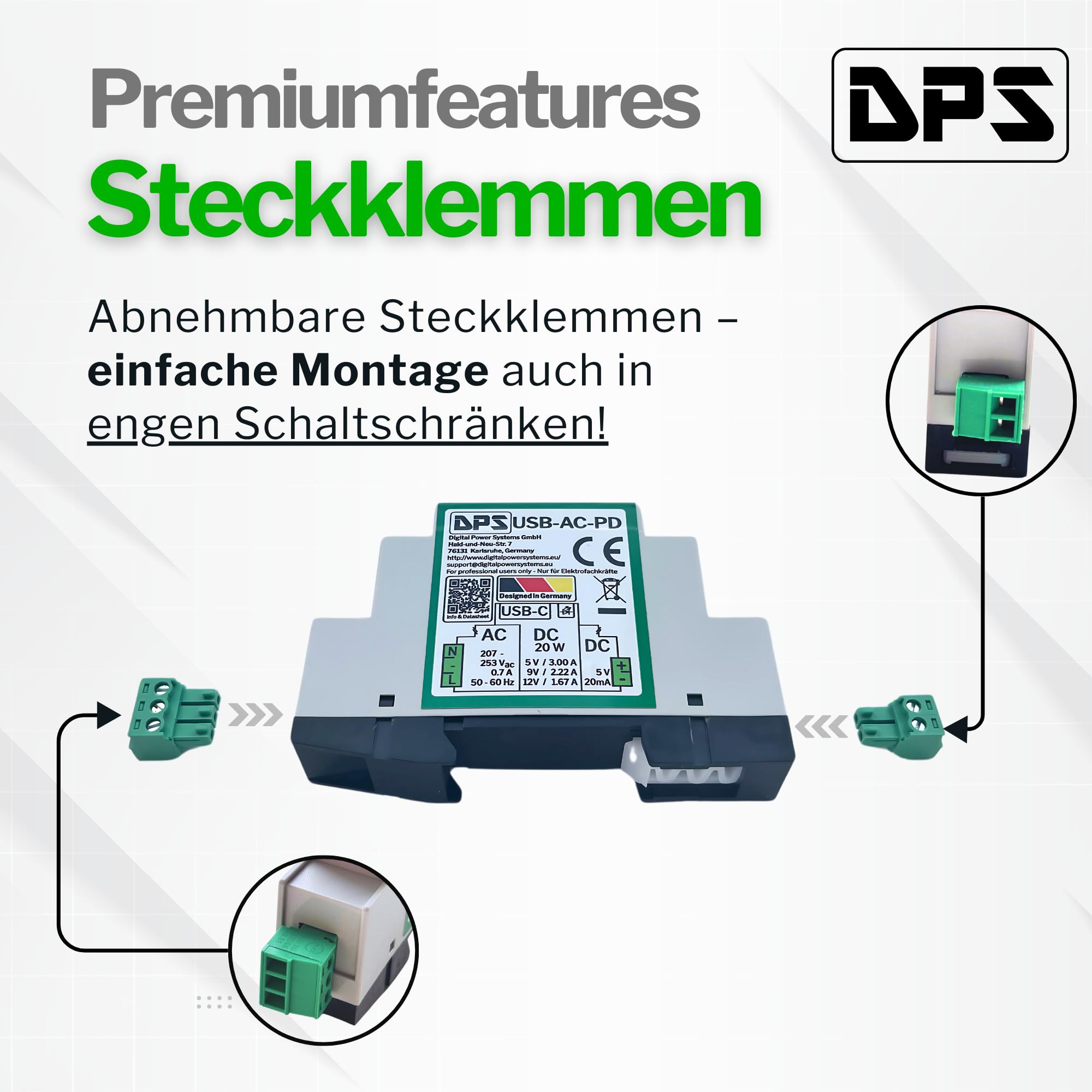 Bloc d'alimentation Rail DIN USB-C 230 V CA 20 W Power Delivery Protection Courts-Circuits Surtensions