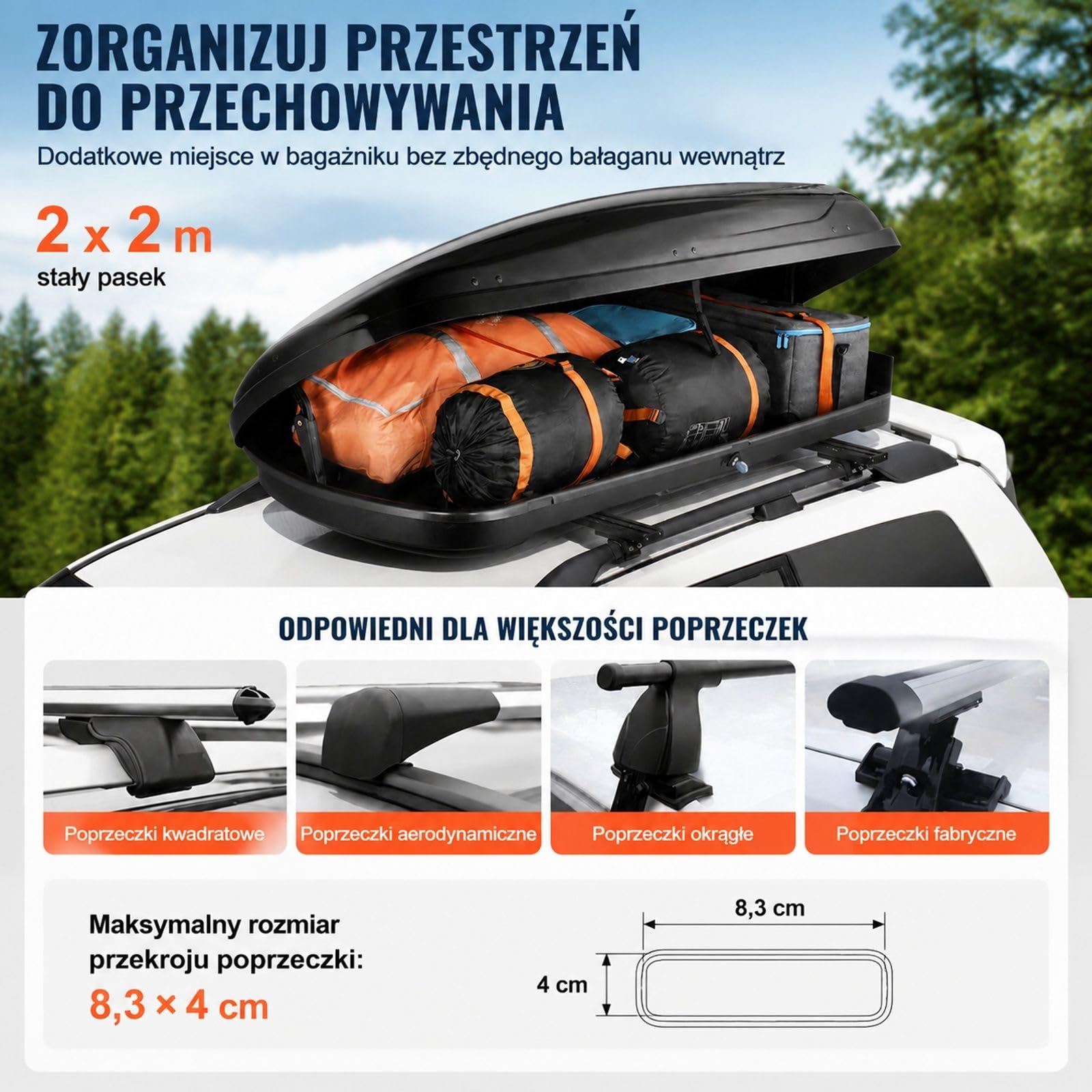 Box dachowy 370 l z ABS, twarda skorupa, otwieranie dwustronne, 2 paski, czarny do auta SUV kombi