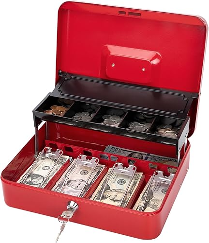 Jssmst Caja de Efectivo con Bandeja de Dinero y Cerradura - Caja de Efectivo Roja con Cerradura de Llave, Caja de Dinero Segura Grande, Cajón de