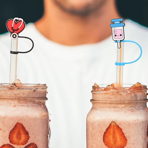 Miniatura 9 de Tapones de paja de silicona, 4 unidades, con temática de médico, reutilizables, para enfermeras, regalos divertidos para enfermeras, médicos,