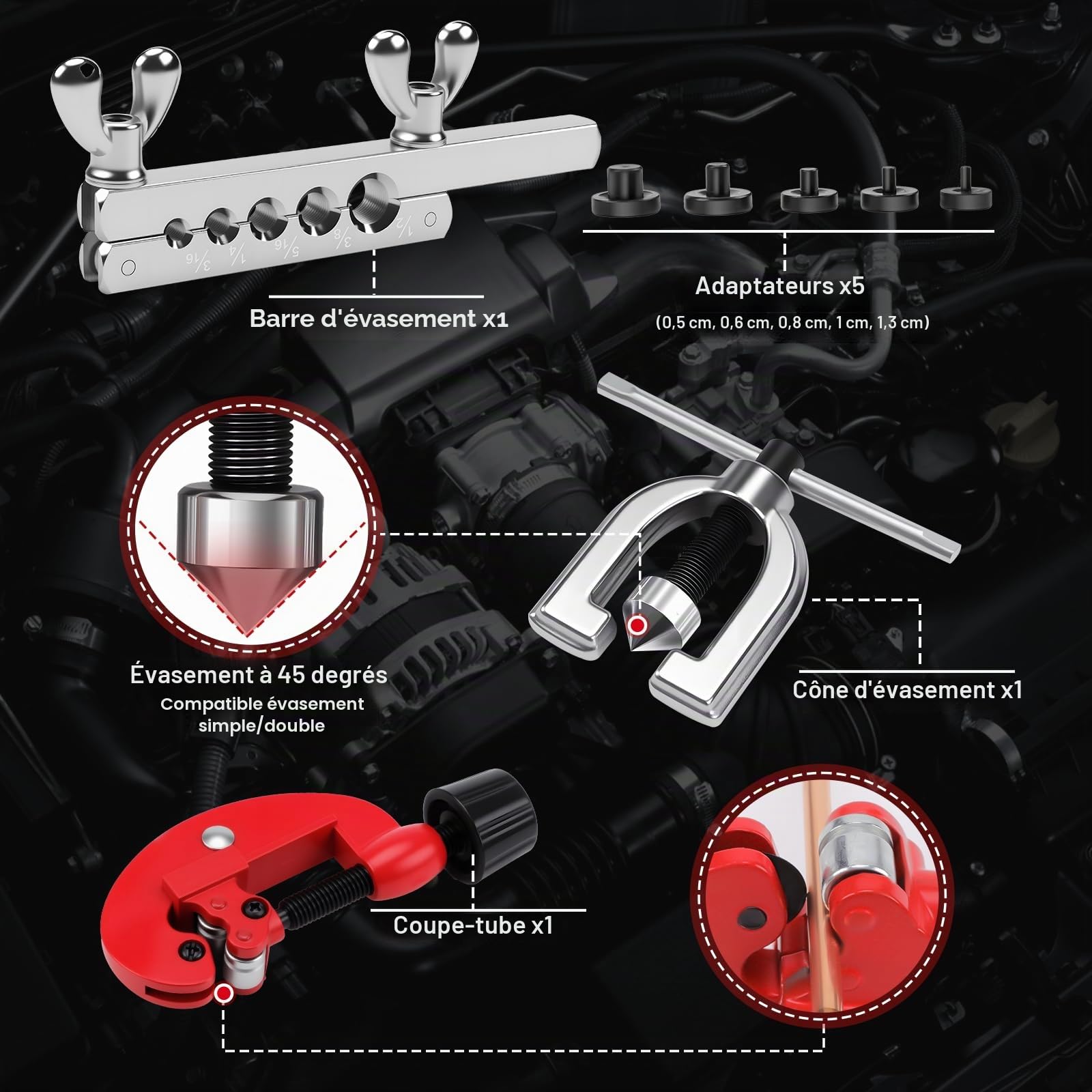 KAOLALI Kit Tuyau Frein Voiture, Ligne Frein en Acier Cuivré 7.6 M, Ø4,75mm, avec 16 Raccords + 4 Connecteurs, 3 en 1 Cintreuse Tube Cuivre, IdéAl pour Les SystèMes De Freinage Hydrauliques De Voiture