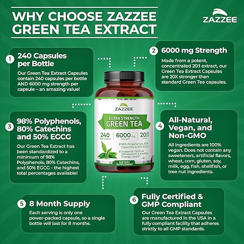 Vista 22 de Zazzee Extracto de té verde extra fuerte 20:1, 6000 mg de fuerza, 50% EGCG, 98% polifenoles y 80% catcehins, 150 cápsulas veganas, suministro de 5