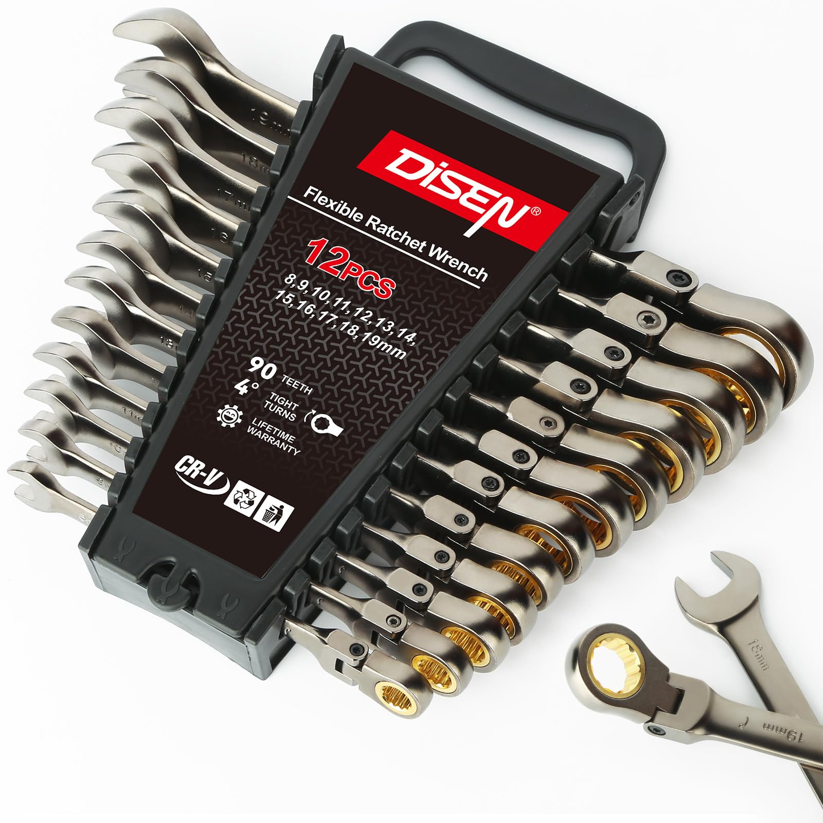 DISEN 12-teiliges Ratschenschlüssel-Set mit Flexkopf, 90 Zähne, metrisches Kombinations-Ratschenschlüssel-Set, 8–19 mm, vernickelter Cr-V-Stahl mit Organizer-Rack