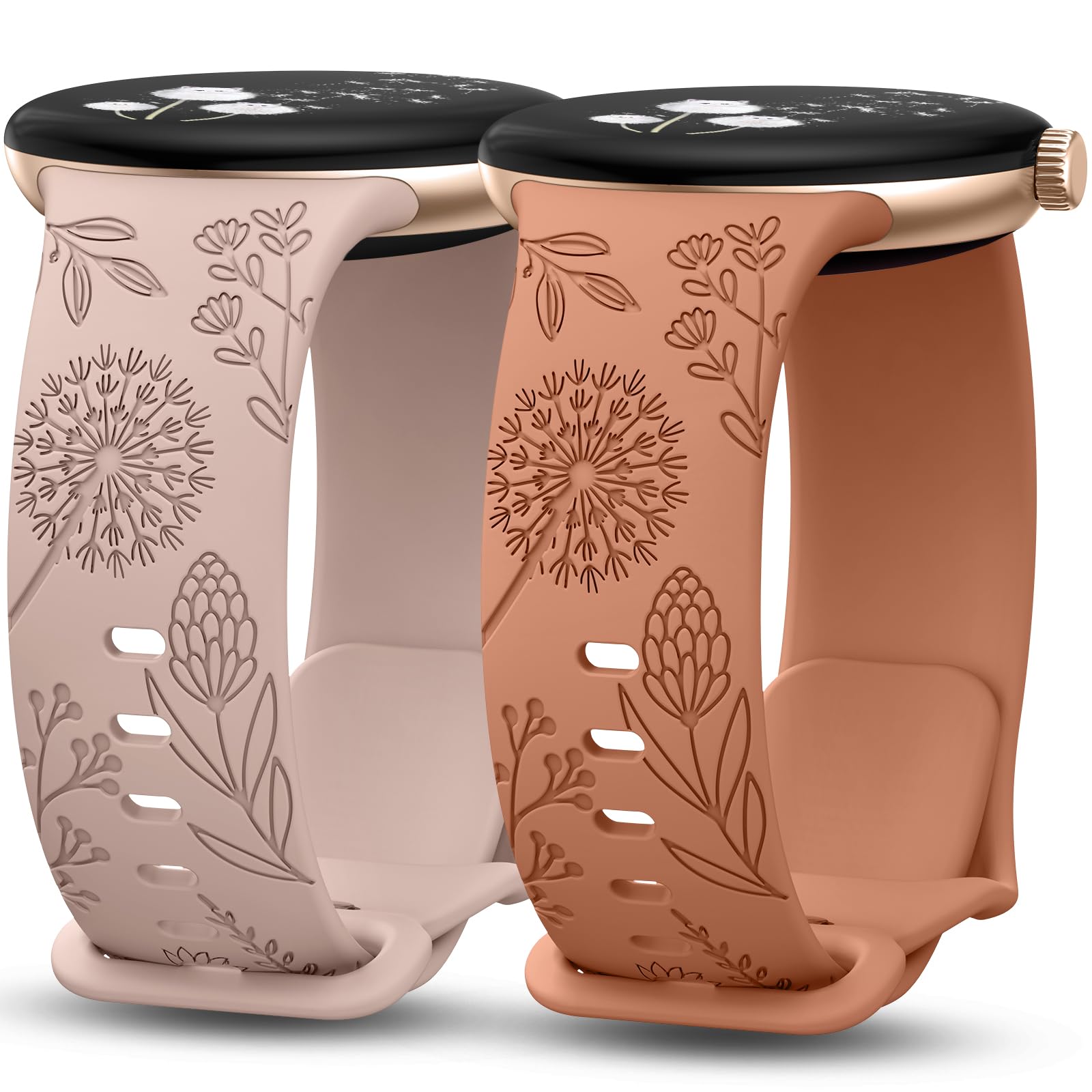 Sponsored Ad - Minyee 2 Packs Floral Engraved Bands Compatible with Google Pixel Watch 4/3 41mm/Pixel Watch 2/1 Band Women, Cute Soft Silicone Flower Sport Fancy Straps