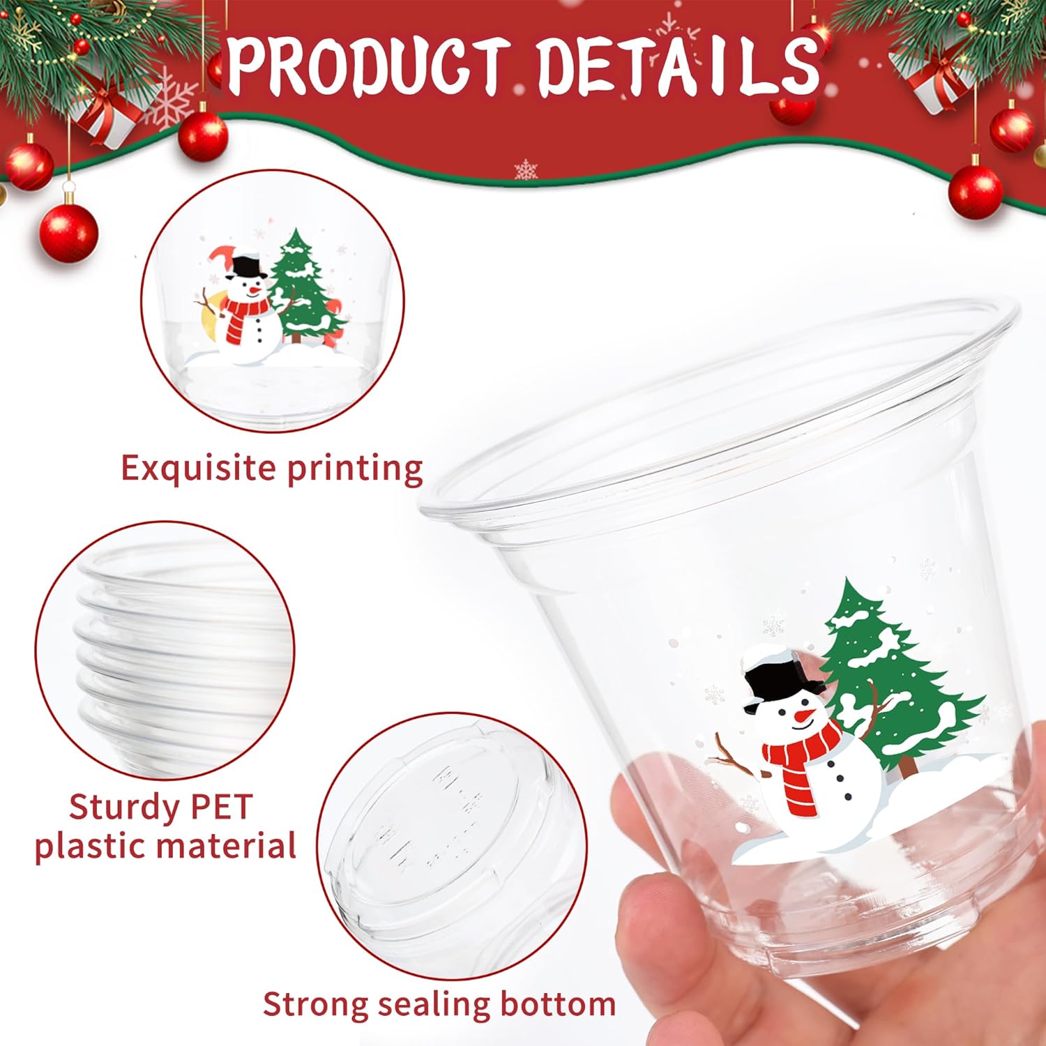 peony man 60Pcs Christmas Disposable Plastic Cups 12oz Merry Christmas Clear Cup Santa Claus Snowman Drinking Cups for Cold Beverage Coffee Xmas Winter Holiday Party Cup Supplies - Image 3