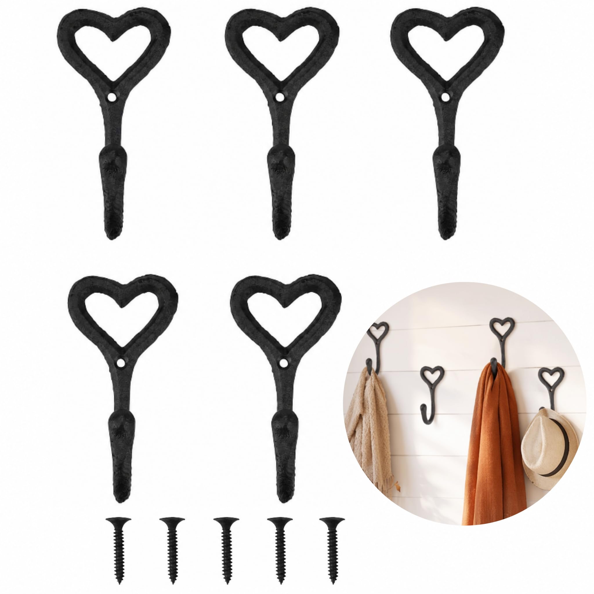 5 PCS Coat Hooks, Love Heart Cast Iron Wall Hooks, Heavy Duty Wall Mounted