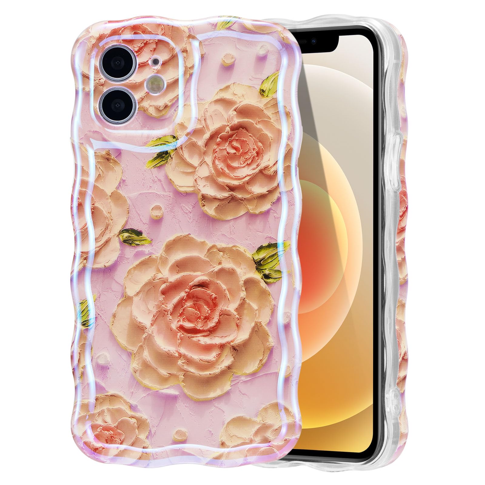 EYZUTAK Case for iPhone 15, Colorful Retro Oil Painting Flower Laser Beam Glossy Pattern Cute Curly Waves Border Exquisite Phone Cover Stylish Durable Soft TPU Protective Case for Girls Women - Green — view 90