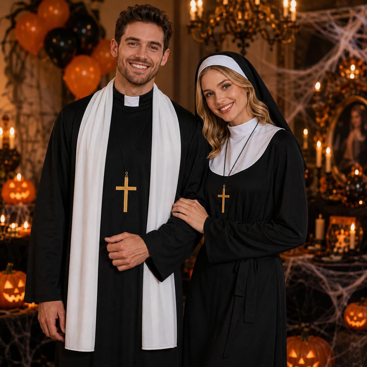 4 PCS Priest Costume for Men Include Robe Stole Plastic Cross Glasses for Adults Halloween Exorcist Dress Up