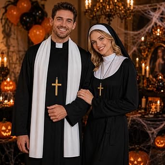 4 PCS Priest Costume for Men Include Robe Stole Plastic Cross Glasses for Adults Halloween Exorcist Dress Up
