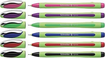 Schneider Xpress Premium Fineliner, 0.8 mm Porous Point, Light Green Barrel, Assorted Ink Colors, Wallet of 6 Pens Black, Red, Blue, Green, Violet, Pink 190086