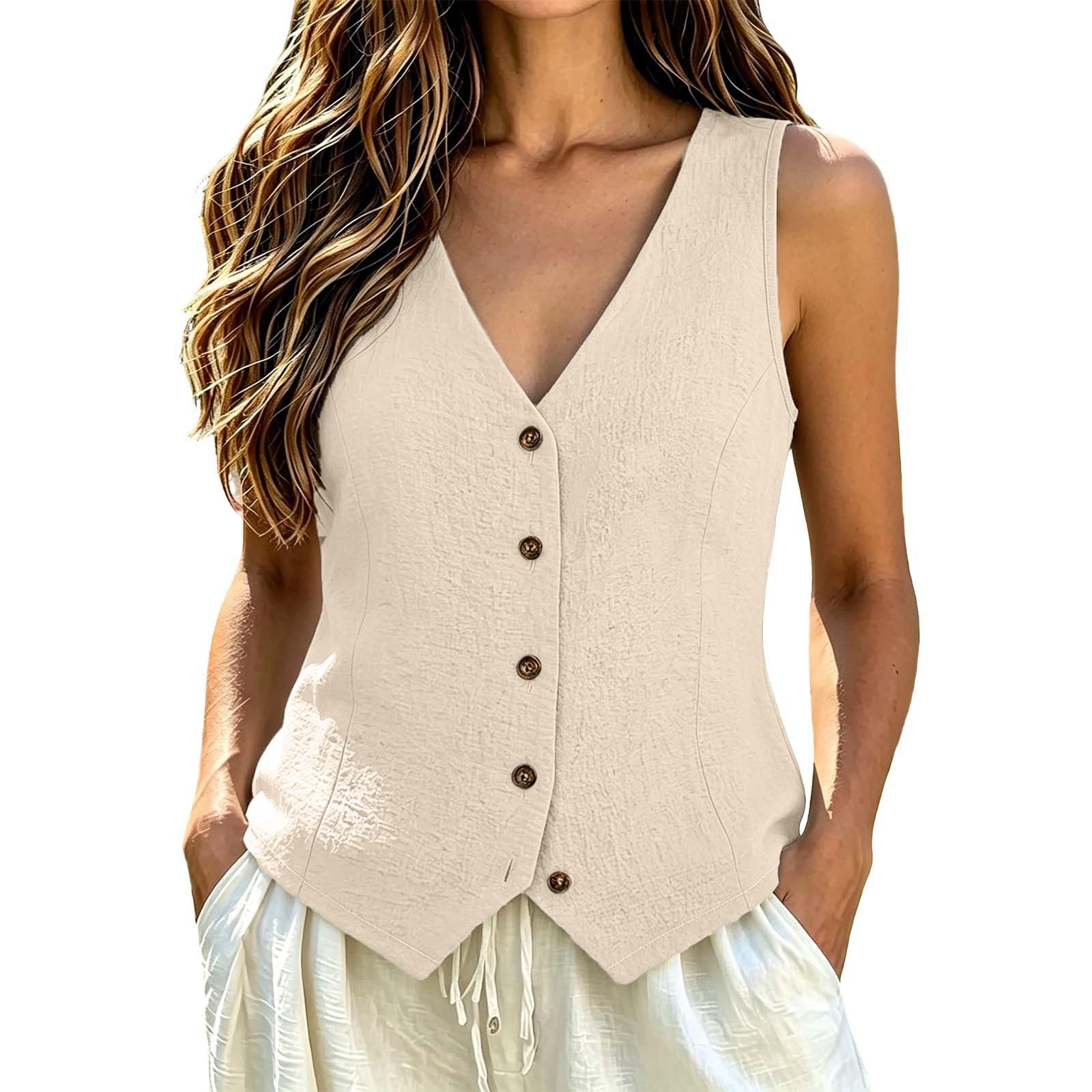 Leinenweste Damen Sommer Anzugweste Casual weste leinen damen Business Modisch Knopfleiste V-Ausschnitt Westen Leicht Sommerweste Baumwolle Leinen Tank Top Arbeit Anzug Weste ÄRmellos Cardigans