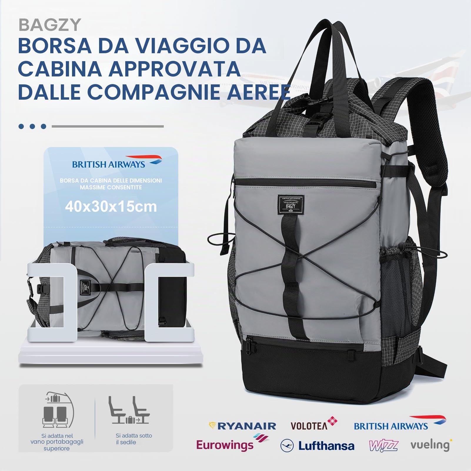BAGZY Zaino Rolltop 17.3 Pollici Porta PC Lavoro Zaino per British Airways 40x30x15 Impermeabile Zaini da Viaggio con Compartimento per Laptop Zaini per Viaggio Scuola Campeggio Escursionismo Kaki