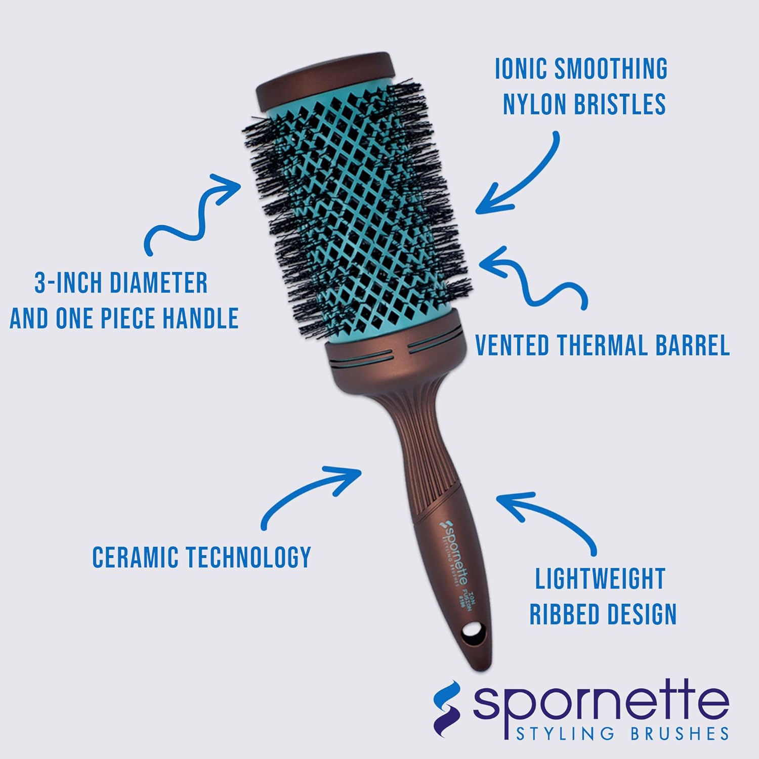 Spornette Ion Fusion 3 inch Round Brush With Thermal Ceramic Barrel And Ion-charged Anti Static Nylon Bristles For Blow Drying, Blow-outs, Curling, Styling, And Smoothing All Types Of Hair Textures