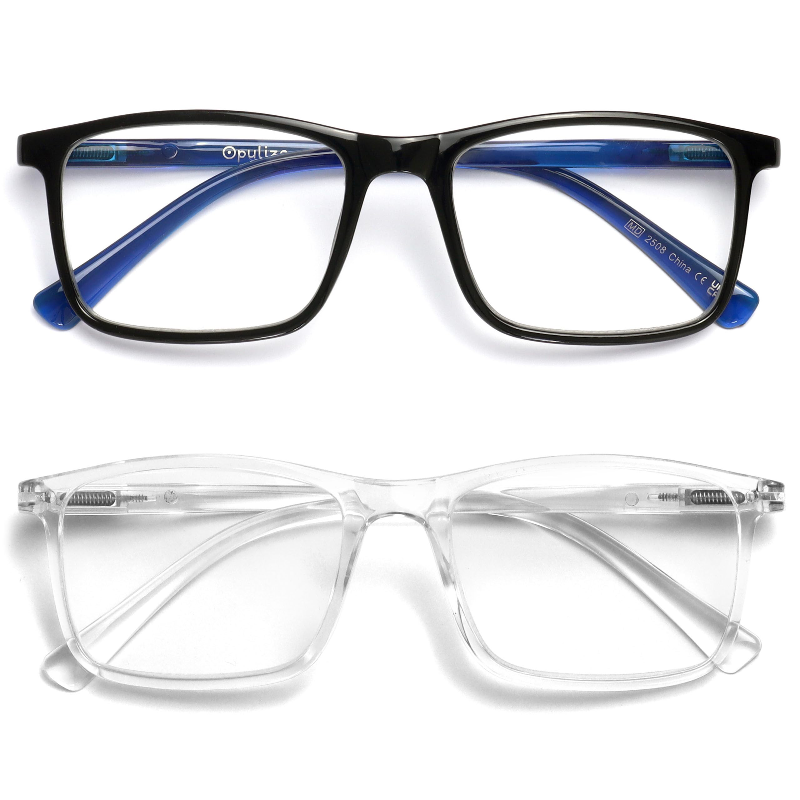 OPULIZE INK Reading Glasses for Women Men, Large Rectangular Frame with Spring Hinges & Scratch Resistant, Black Clear, +3.5(Pack of 2)