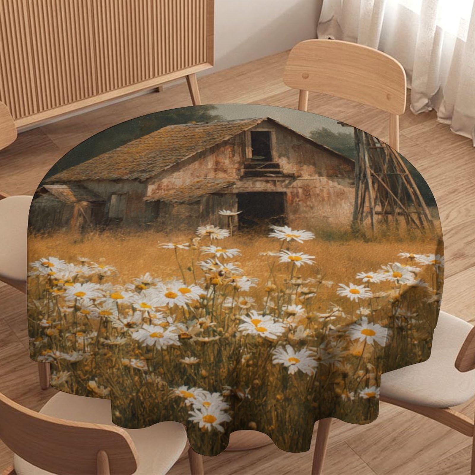 LUYYSKY Classic Rustic Spring Log Cabin Round Tablecloth Natural Watercolor Western Windmill Daisies Flowers Print Washable Decor for Table Cover for Kitchen-127 Wx127 L cm