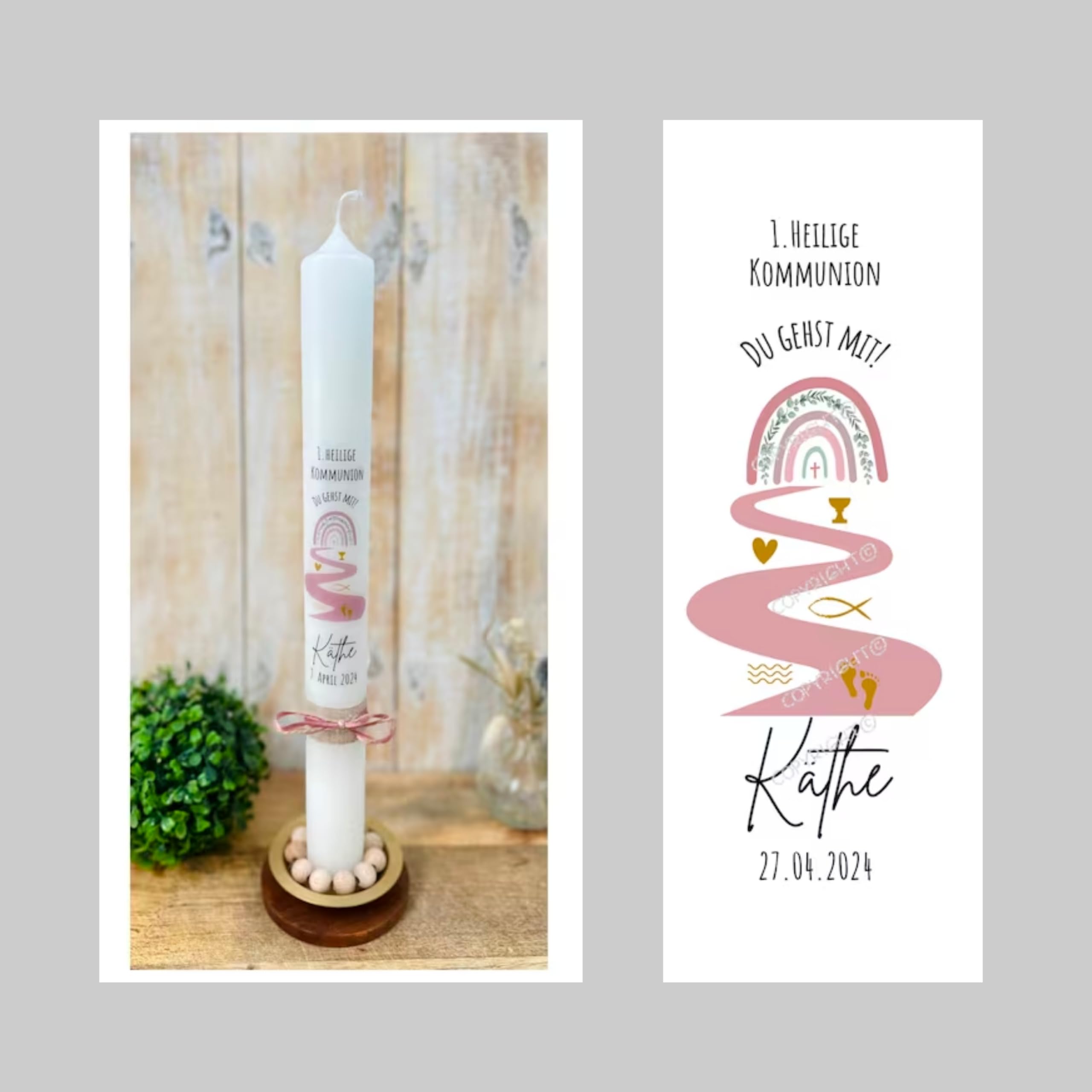 VILLA ROSA LOTTA – Personalisierbare Kommunionkerze „Du gehst mit“ mit Wunschdaten und Rückseite | Regenbogen Wellen Rosa | 40 cm x 4 cm | für Jungen und Mädchen | Altarkerze elfenbein