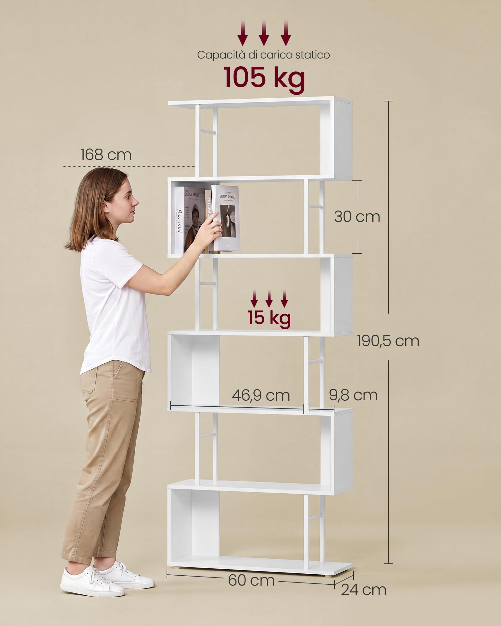 VASAGLE Libreria a Forma di S a 7 Ripiani, in Legno e Metallo, Scaffalatura Portaoggetti, 60 x 24 x 190,5 cm, per Soggiorno e Ufficio, Bianco Nuvola e Bianco Opaco, Collezione Barnet LLS173WB01