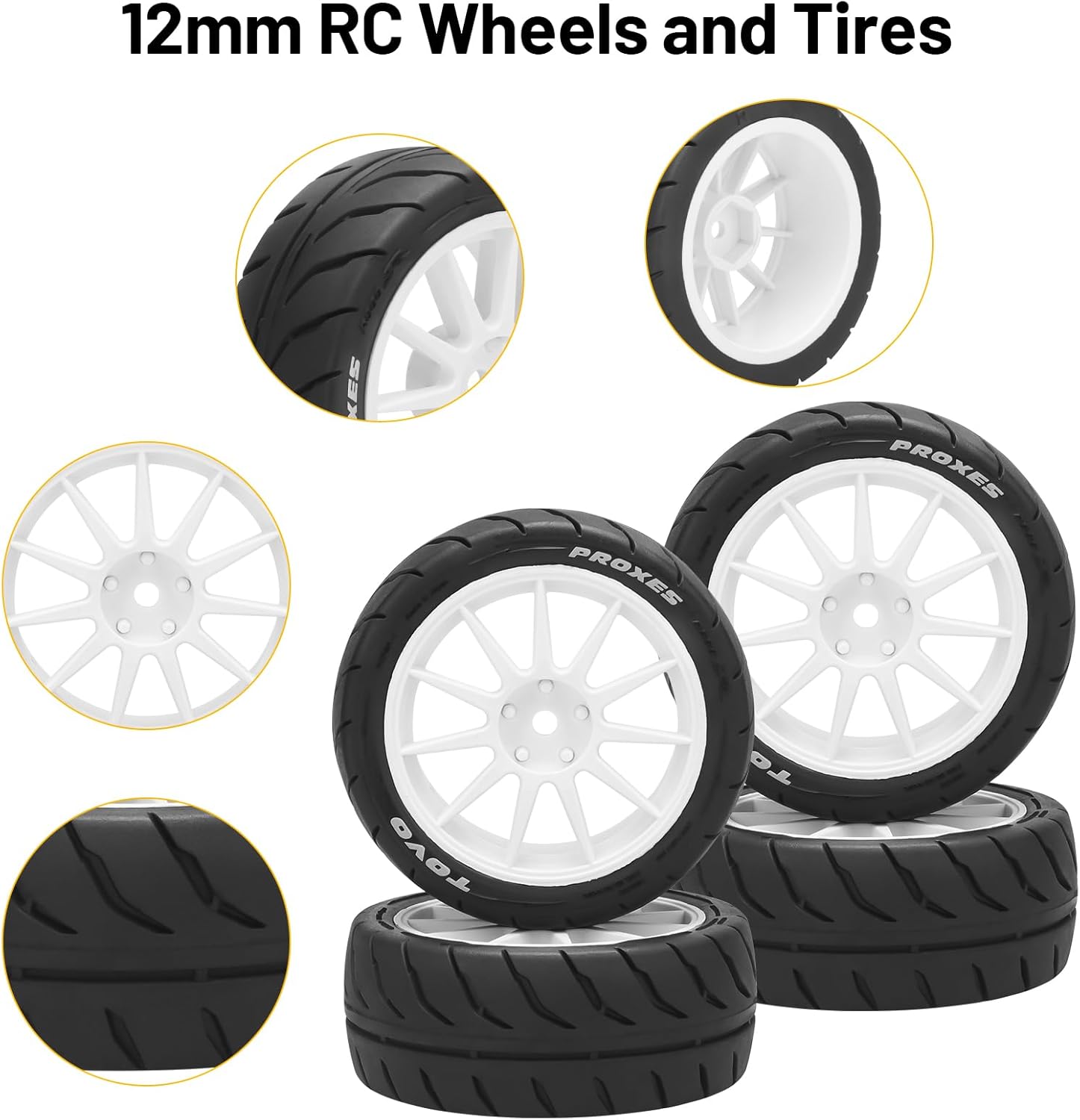 1/10 RC Tires and Wheels, daitoku 12mm Hex RC Rally Racing Tires for 1/10 Tamiya TT01 TT02 XV01 TA06 A959 PTG2 HPI KYOSHO HSP Traxxas - Style D (White)