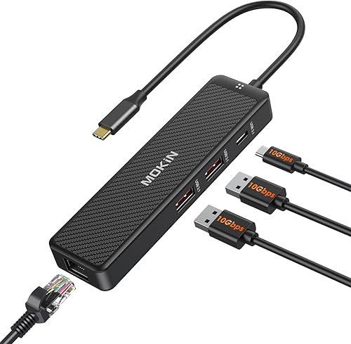 MOKiN Adaptador USB C a Ethernet para laptop, concentrador USB C 4 en 1 de 10 Gbps con LAN Ethernet RJ45 Gigabit, adaptador de red de alta velocidad