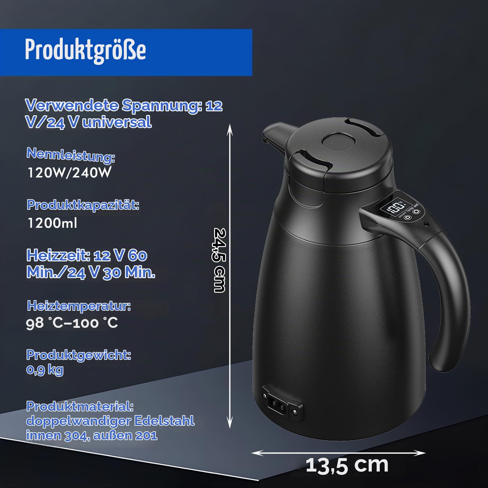12V/24V Reise Wasserkocher Auto: 1,2 Liter Edelstahl Elektrischer Mobiler Reisewasserkocher mit Zigarettenanzünder Bis zu 100℃ mit LCD-Anzeige für Heißwasser Kaffee Tee, Auto LKW KFZ Camping