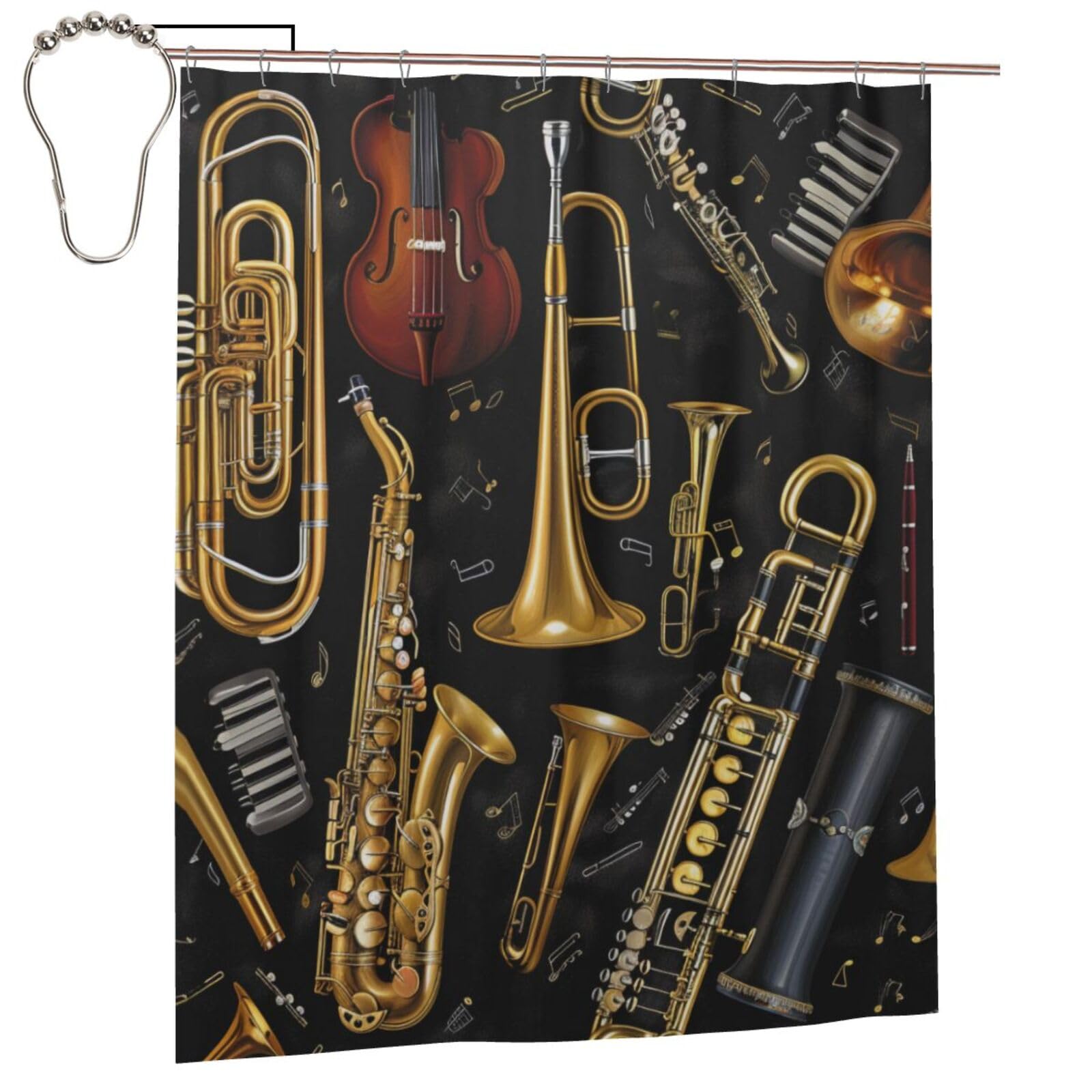 BWWHCCTI Musical Instruments Printed Shower Curtain With 12 Iron Hooks Opaque Quick Drying Waterproof Shower Curtains Sets For Bathroom 152x183 Cm