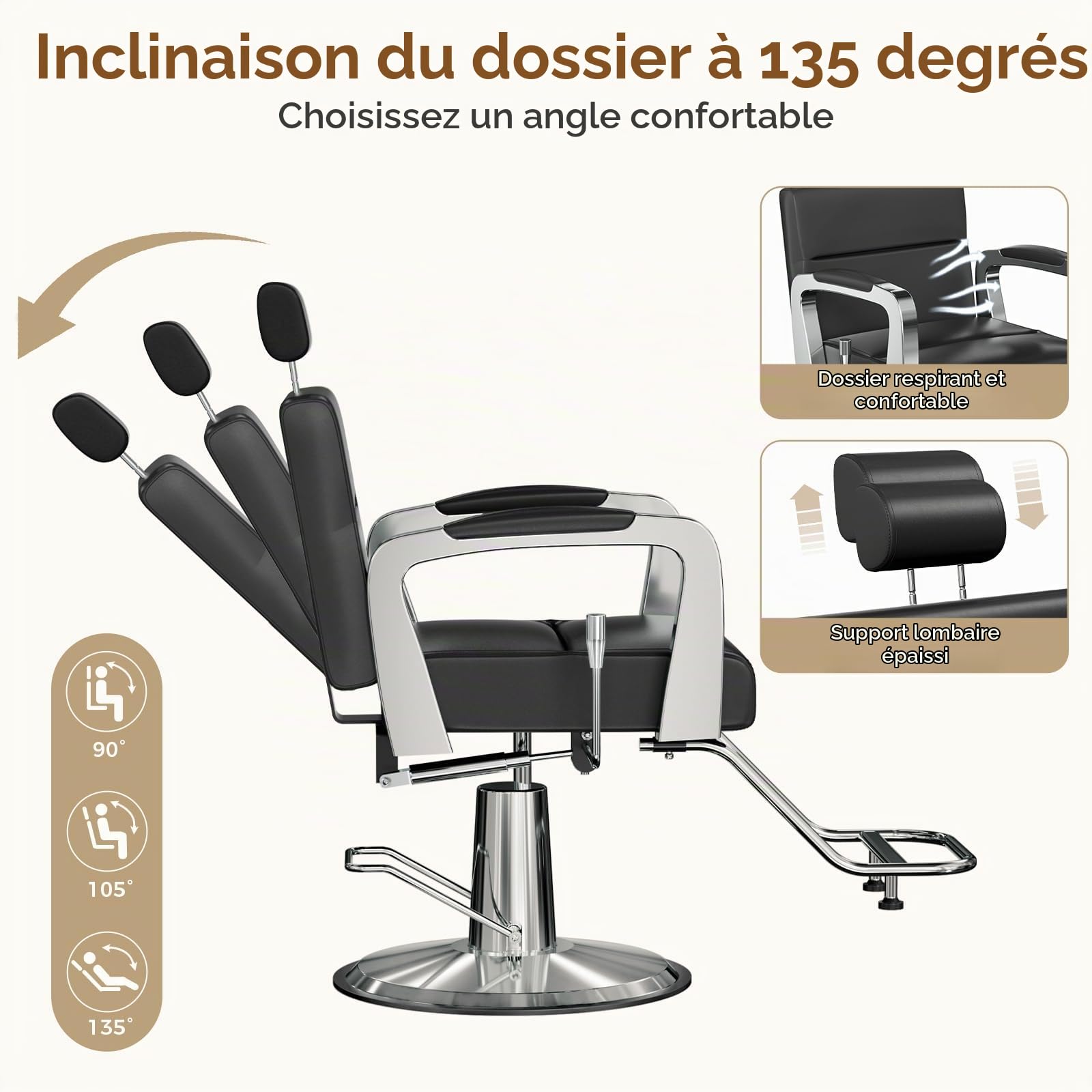 Fauteuil de Coiffure, Chaise à Coiffeur Hydraulique Inclinable, Hauteur Réglables Barber 360° pour Salon de Coiffeur, Salon de Beauté (Noir)