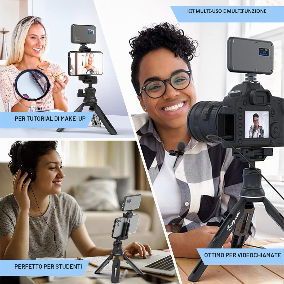 DigiPower - L'istruttore - Treppiede per iPhone con Telecomando e Luce (Include Microfono, Luce LED, treppiede e Supporto per Telefono) - Lavora Insegna e impara da Home Video Kit Professionale